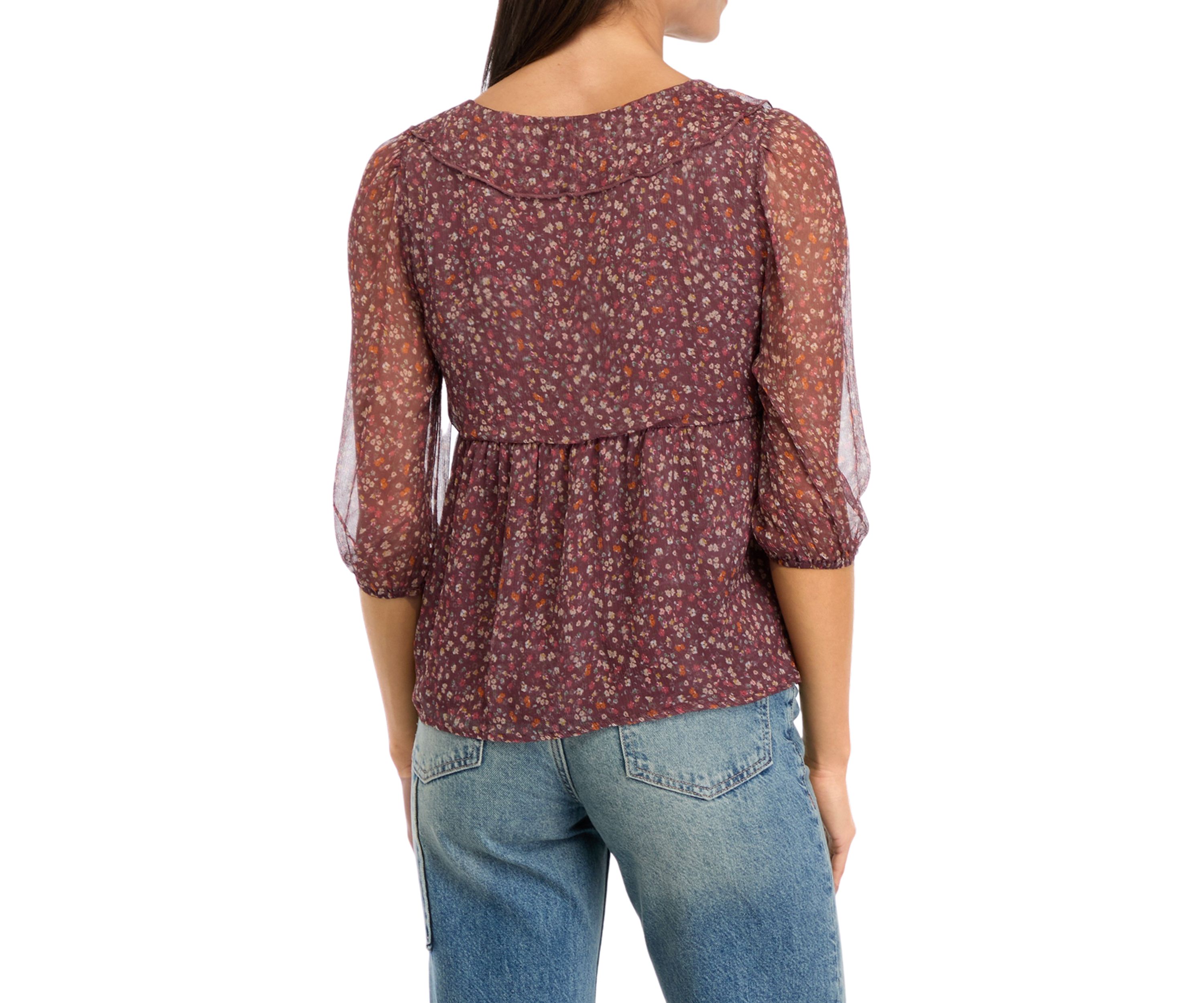 Womens Blouson Sleeve Chiffon Button Front Ruffle Top 
