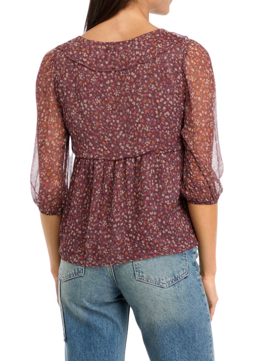 Womens Blouson Sleeve Chiffon Button Front Ruffle Top 