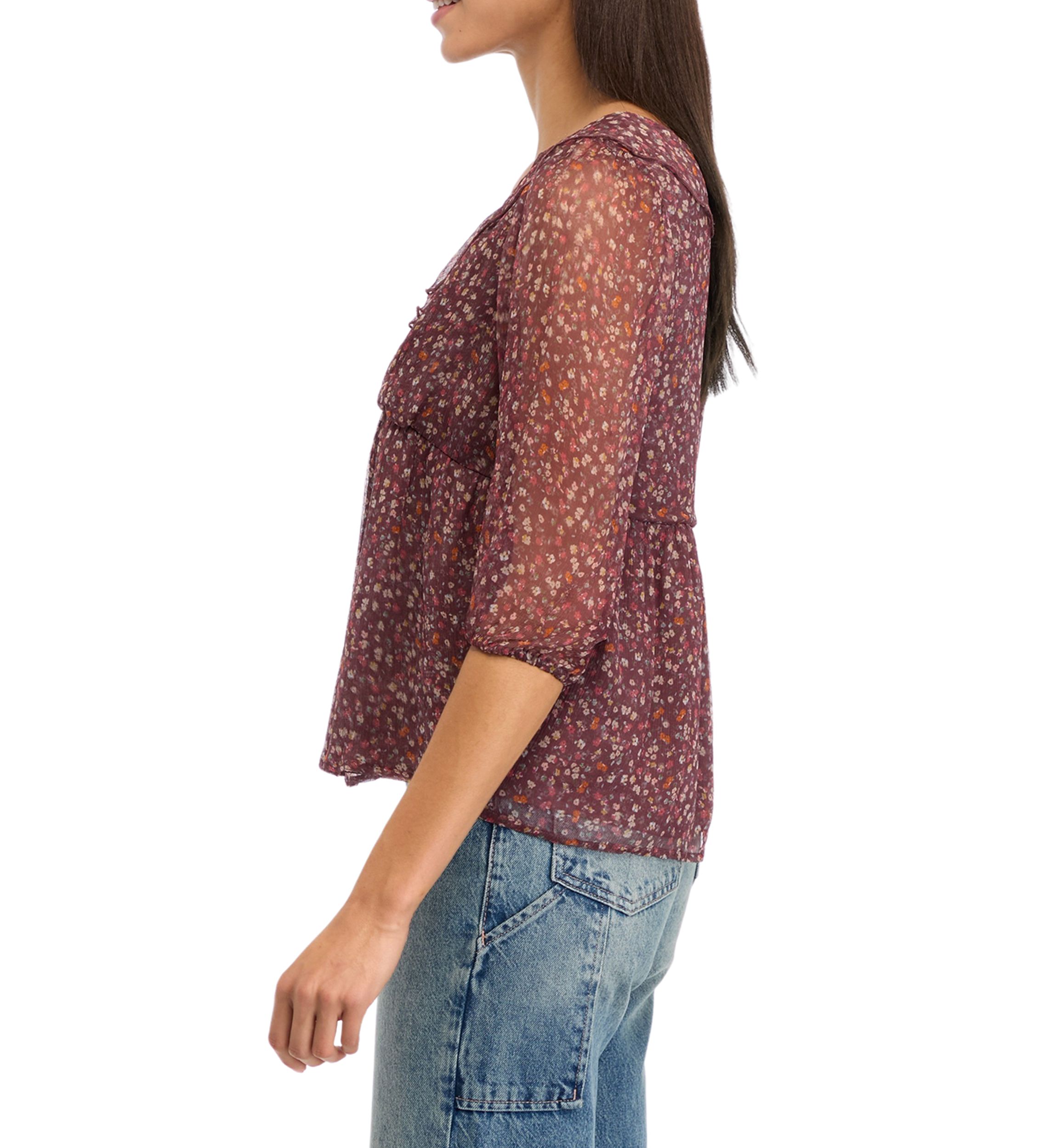 Womens Blouson Sleeve Chiffon Button Front Ruffle Top 