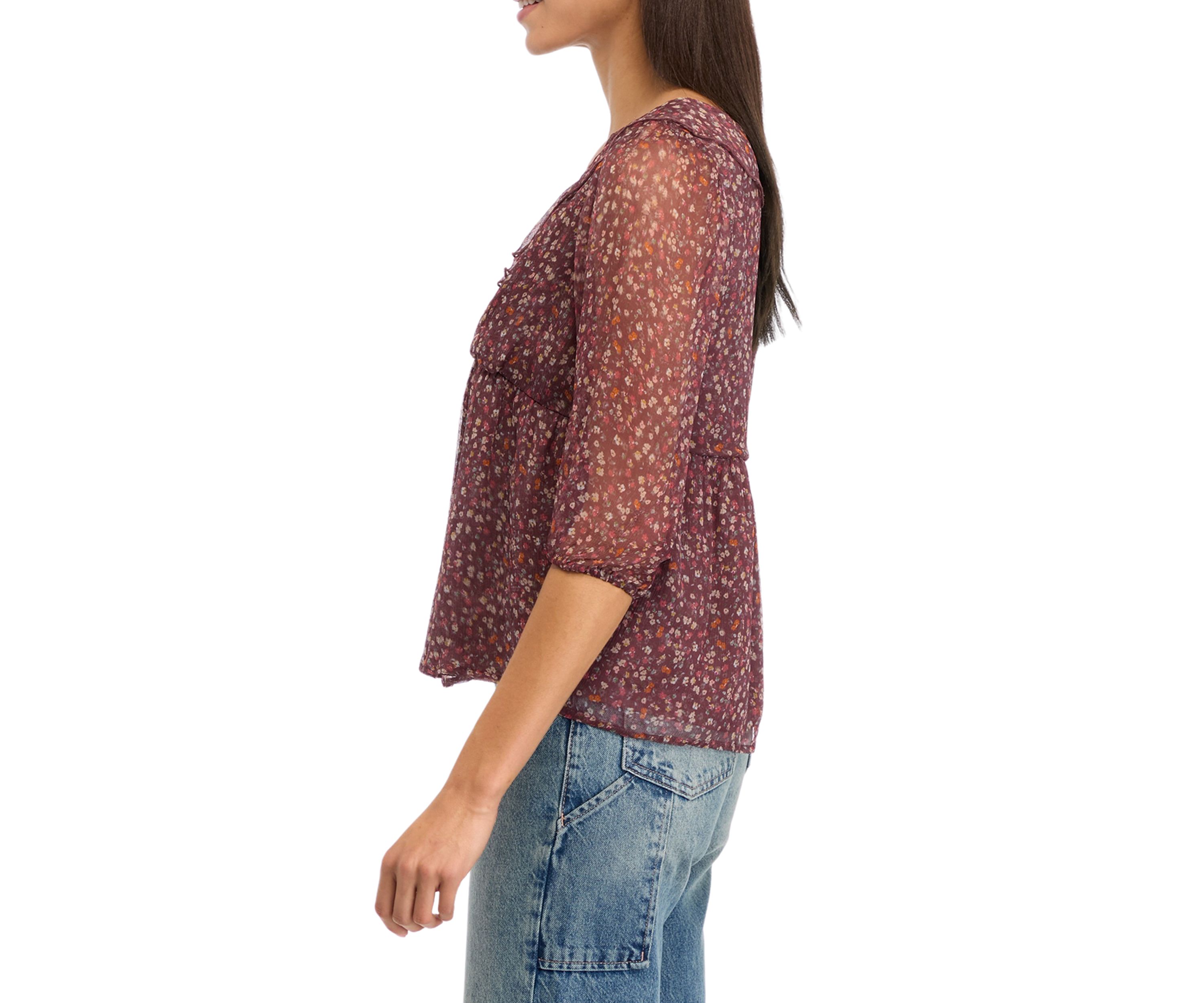 Womens Blouson Sleeve Chiffon Button Front Ruffle Top 