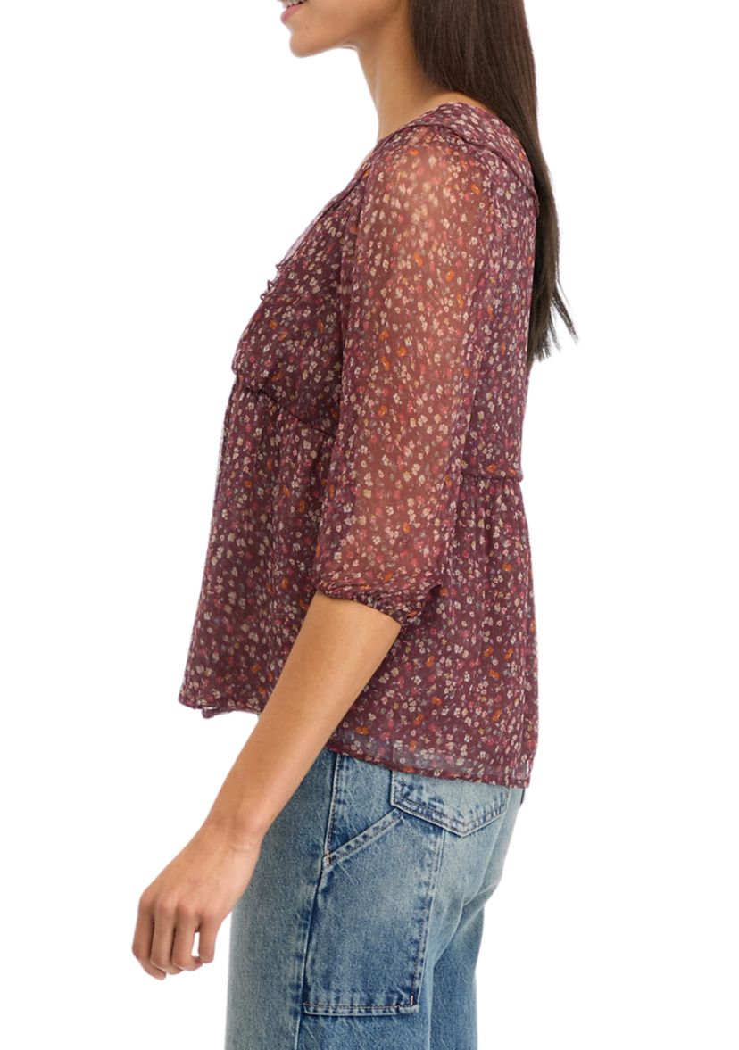 Womens Blouson Sleeve Chiffon Button Front Ruffle Top 