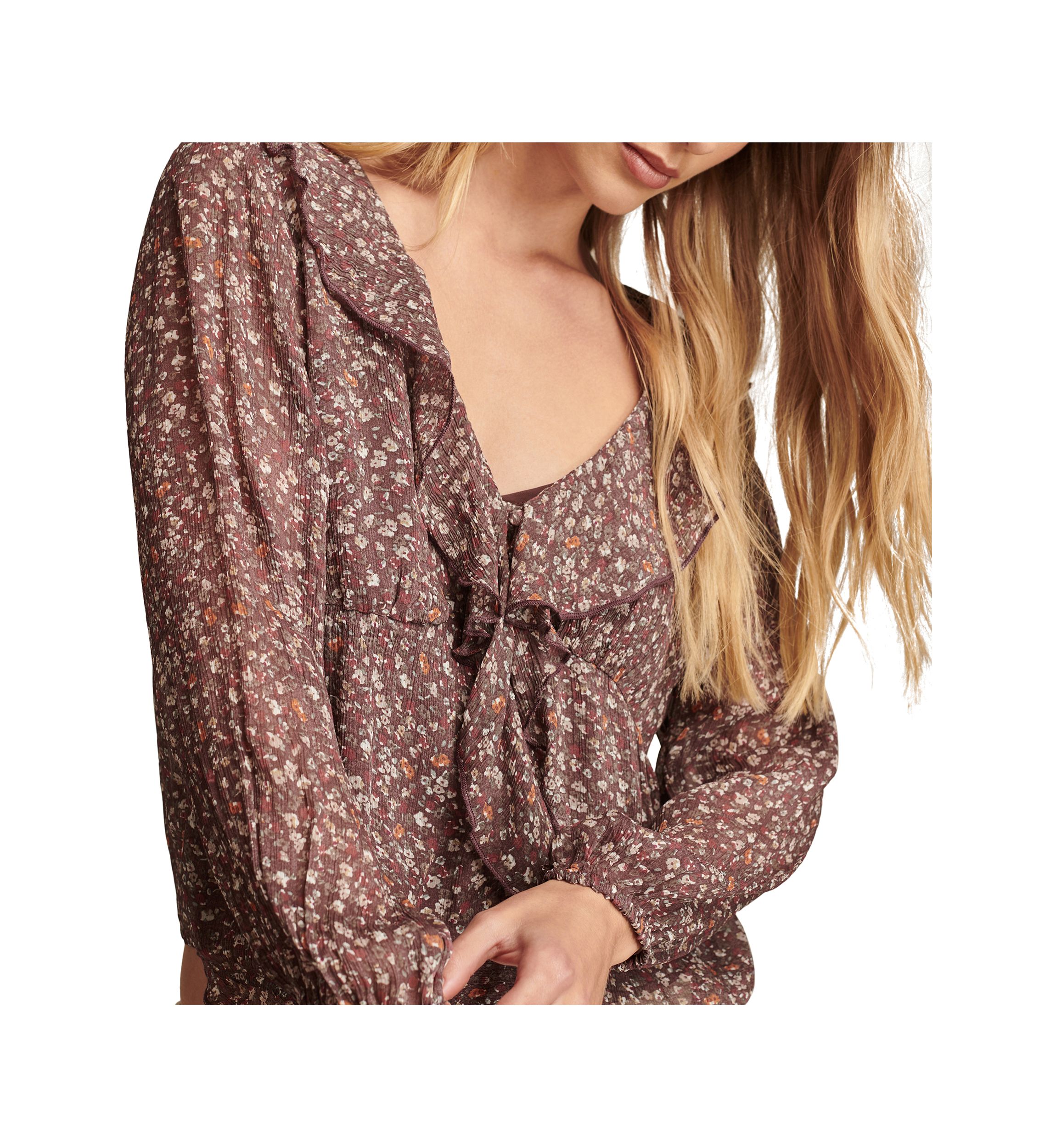 Womens Blouson Sleeve Chiffon Button Front Ruffle Top 