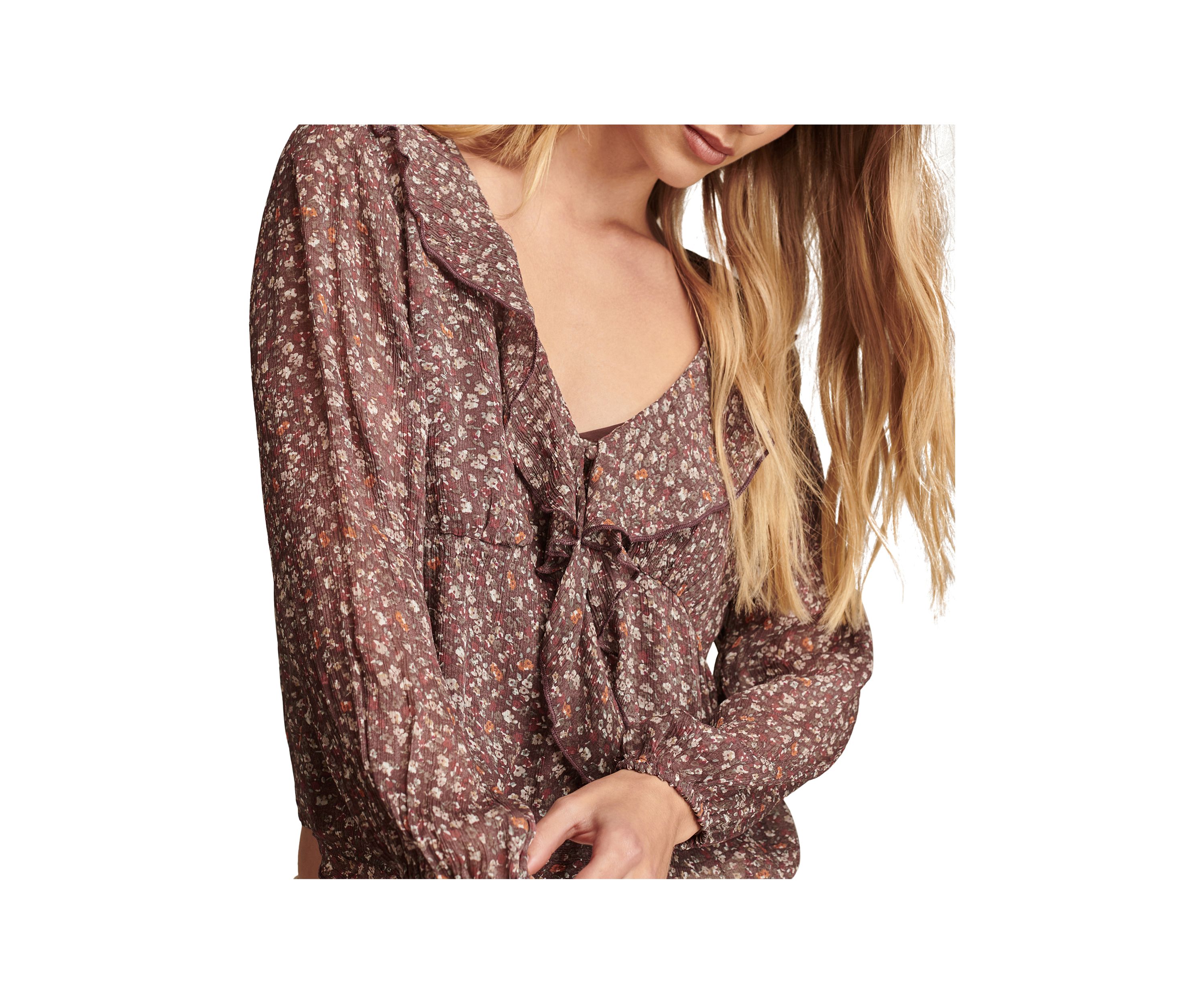 Womens Blouson Sleeve Chiffon Button Front Ruffle Top 