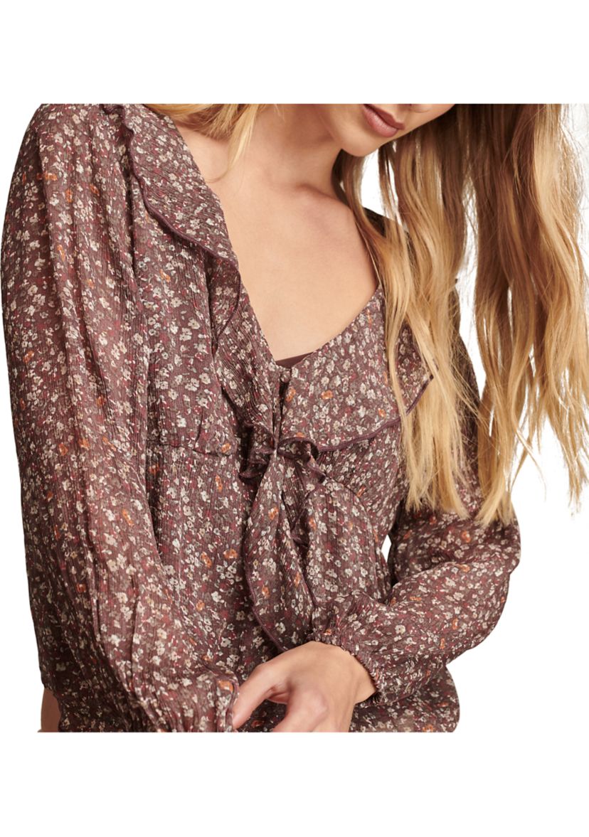 Womens Blouson Sleeve Chiffon Button Front Ruffle Top 