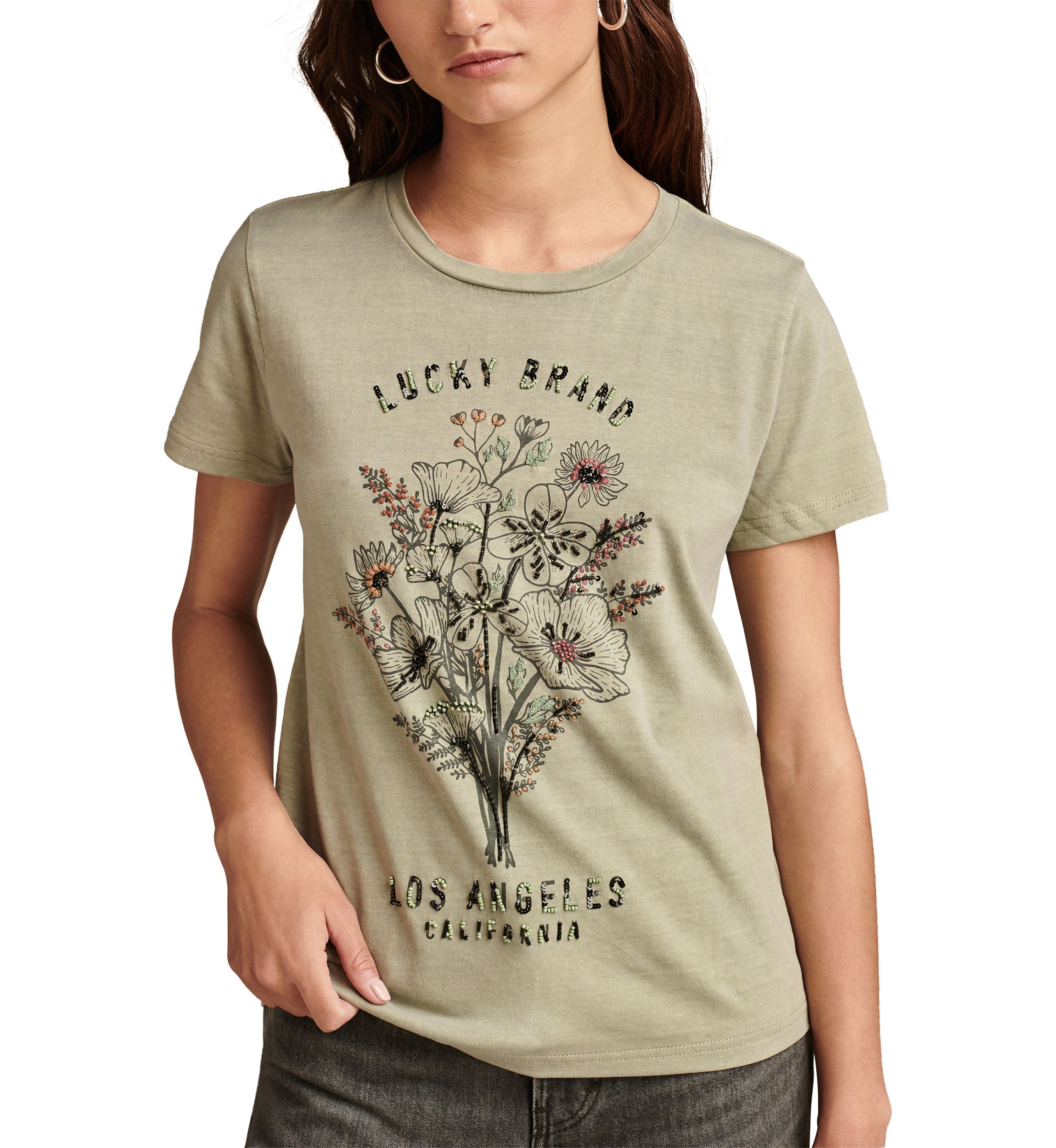 Womens Embellished Floral Graphic T-Shirt