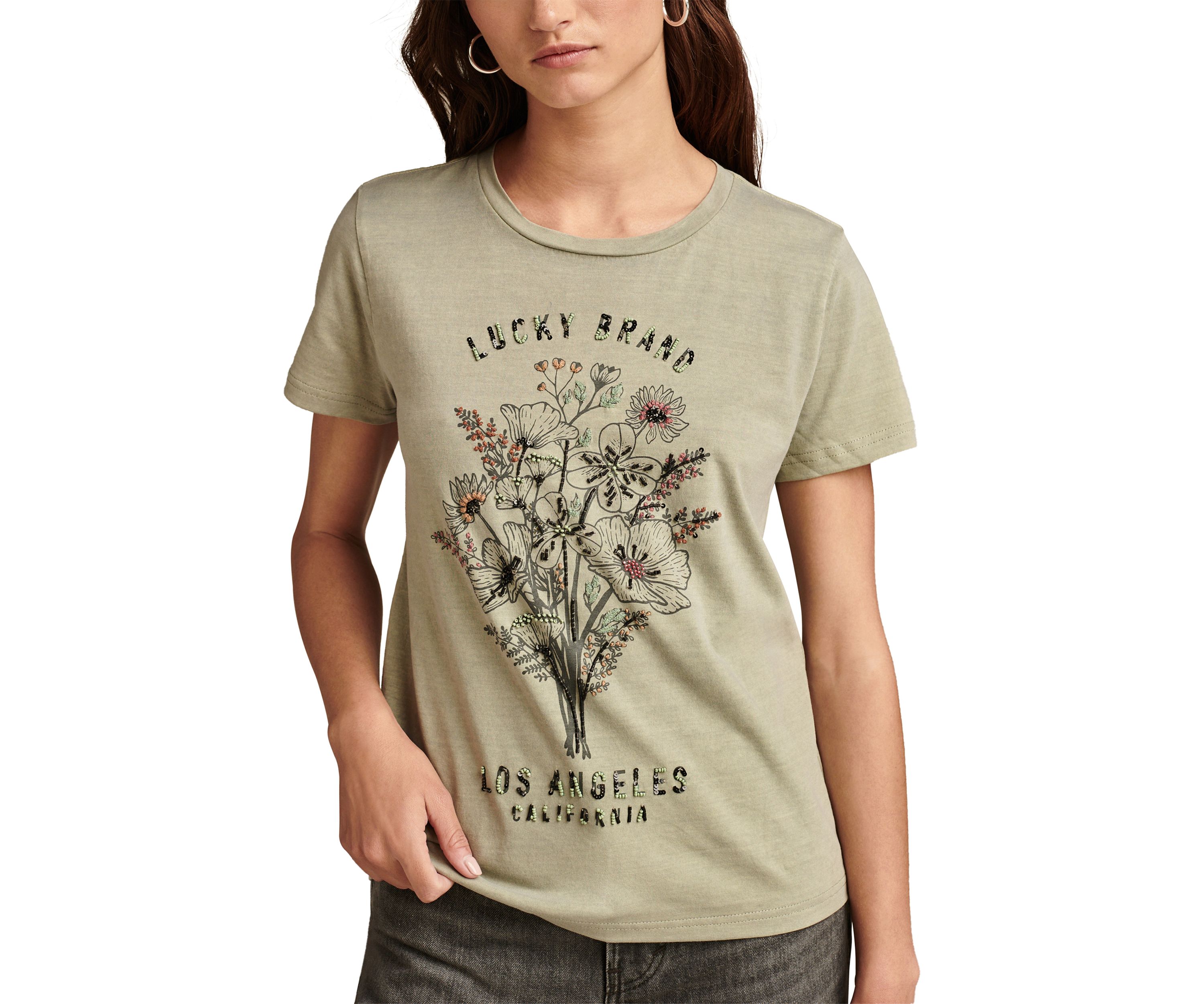 Womens Embellished Floral Graphic T-Shirt