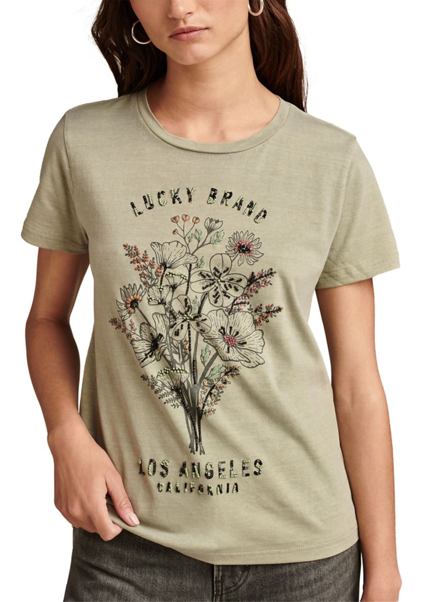 Womens Embellished Floral Graphic T-Shirt
