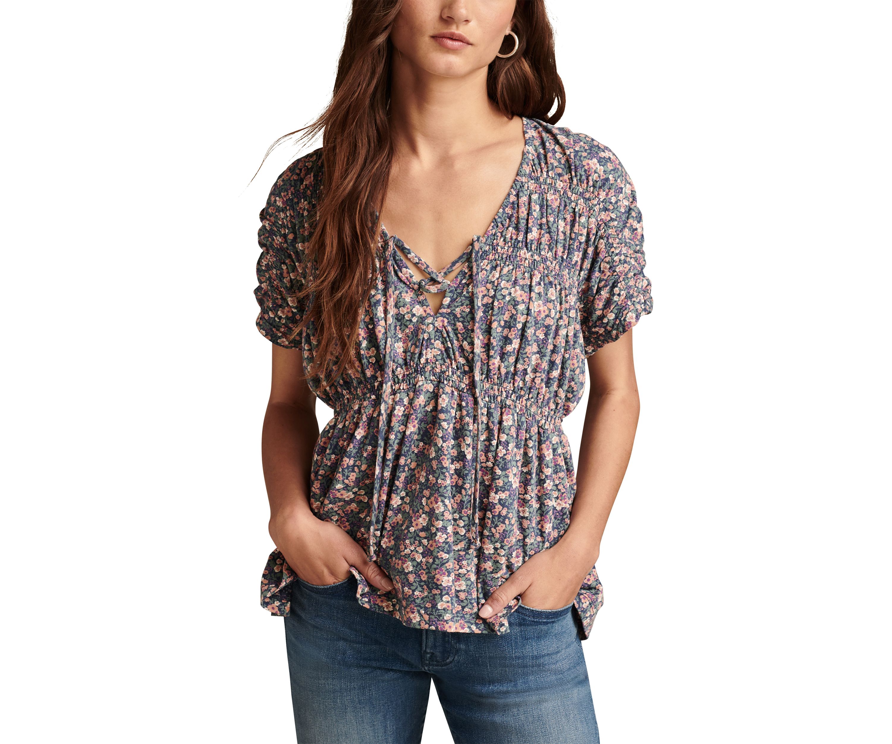 Womens Floral Printed Smocked Peplum Top