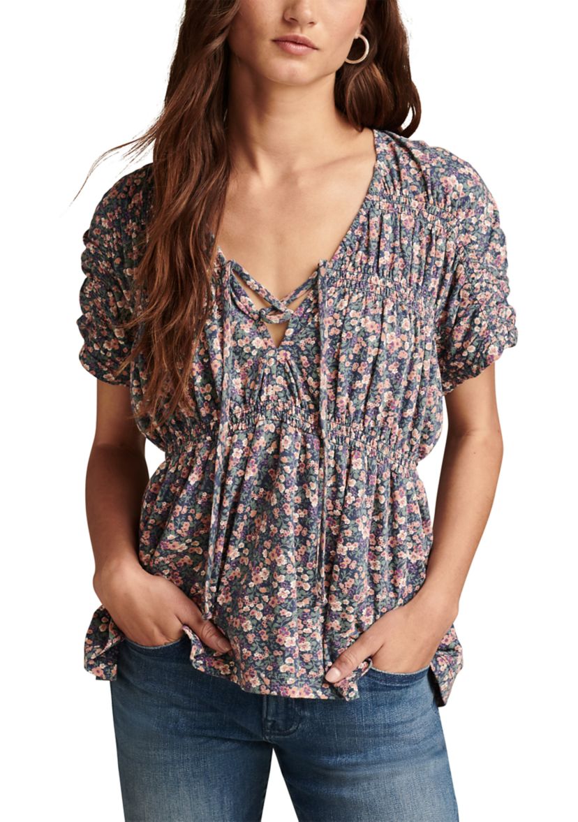 Womens Floral Printed Smocked Peplum Top