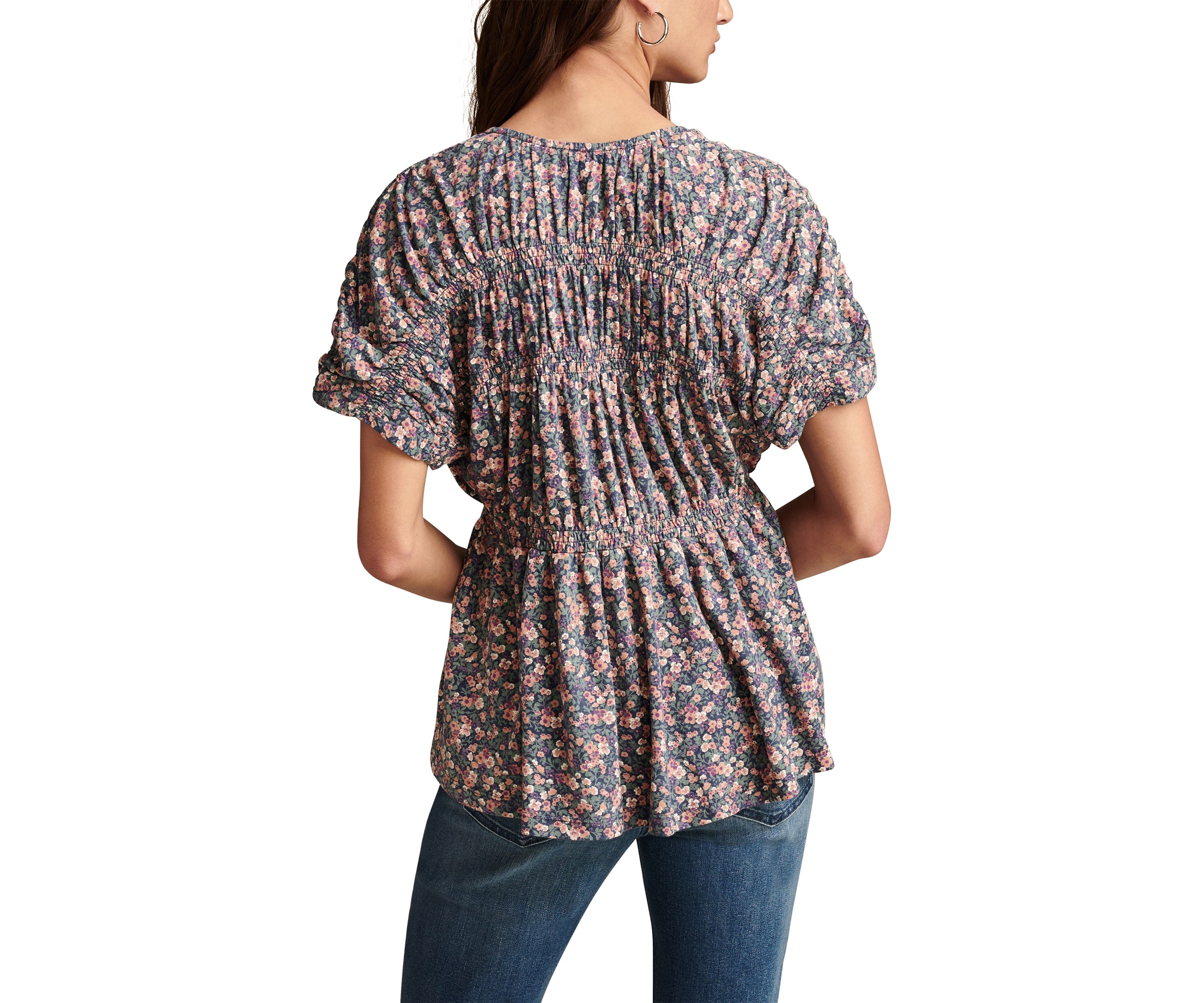Womens Floral Printed Smocked Peplum Top