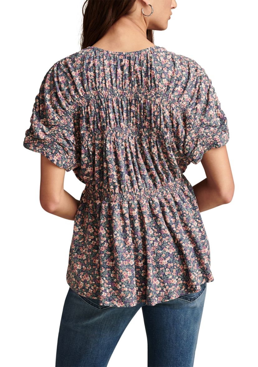 Womens Floral Printed Smocked Peplum Top