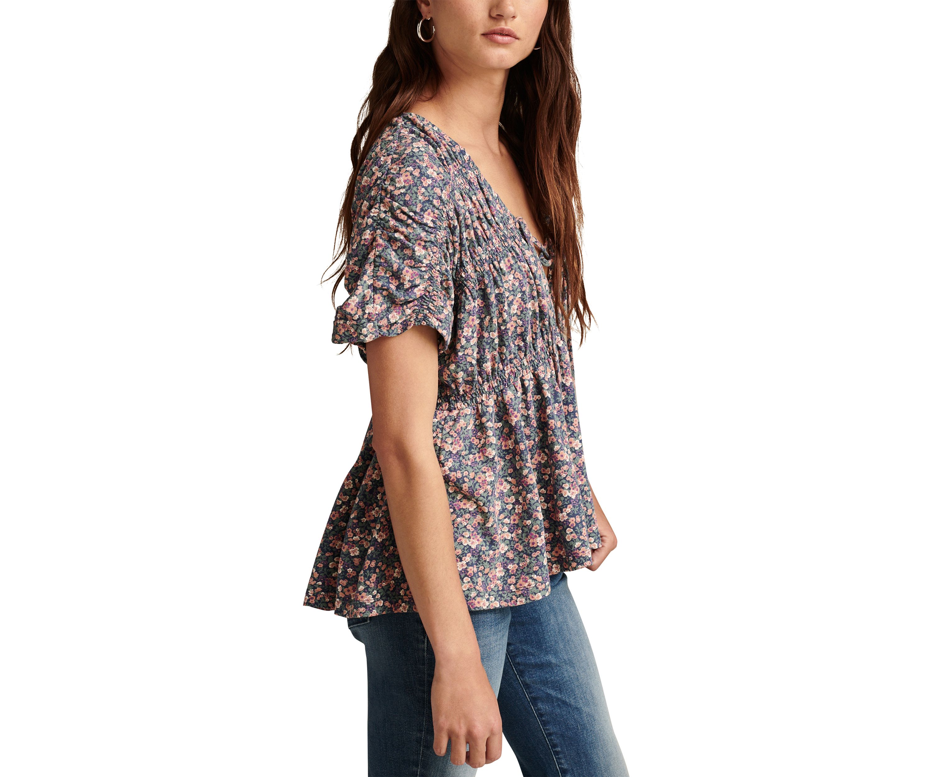 Womens Floral Printed Smocked Peplum Top
