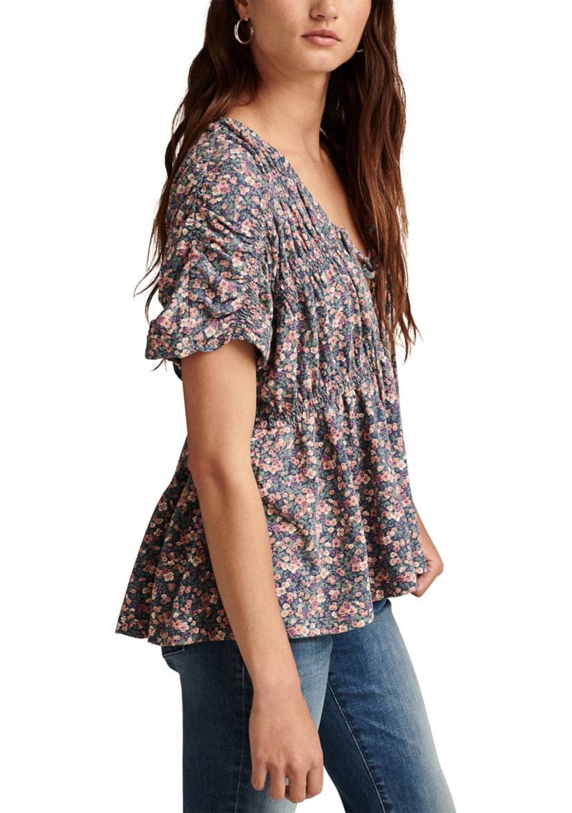Womens Floral Printed Smocked Peplum Top