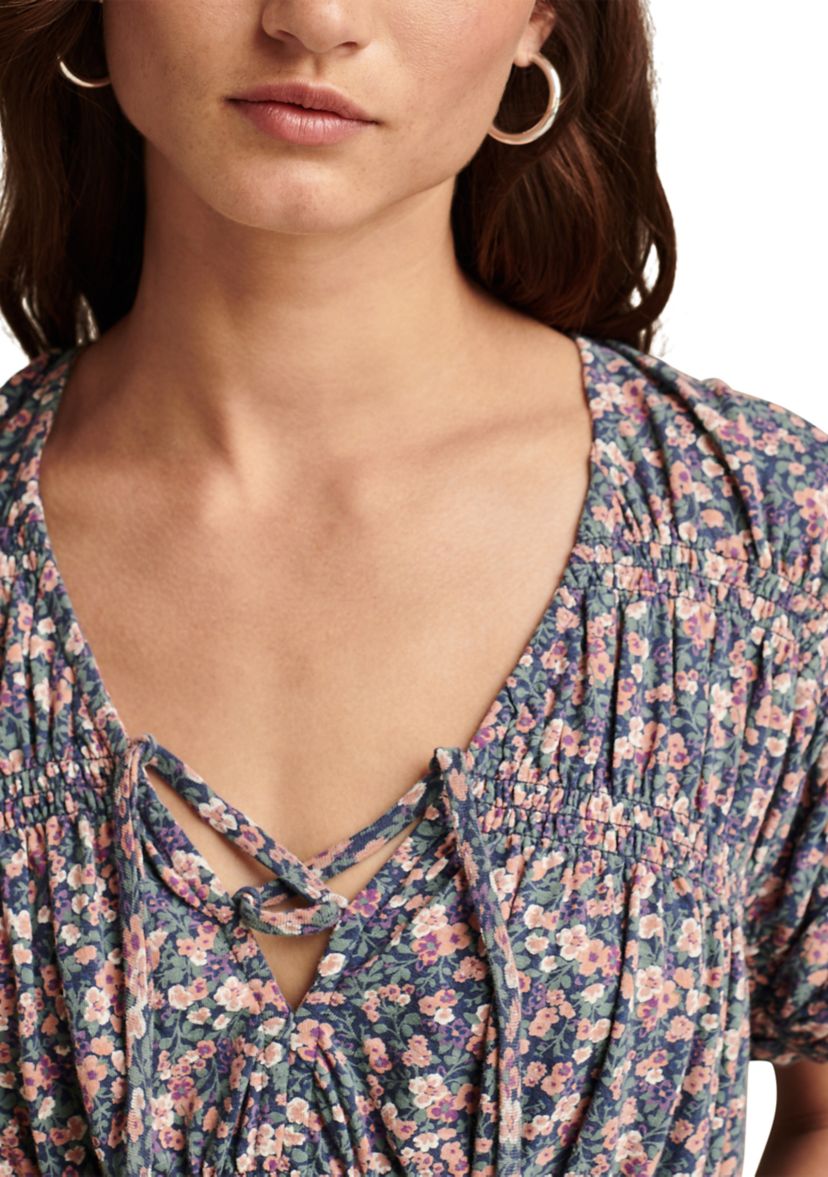 Womens Floral Printed Smocked Peplum Top