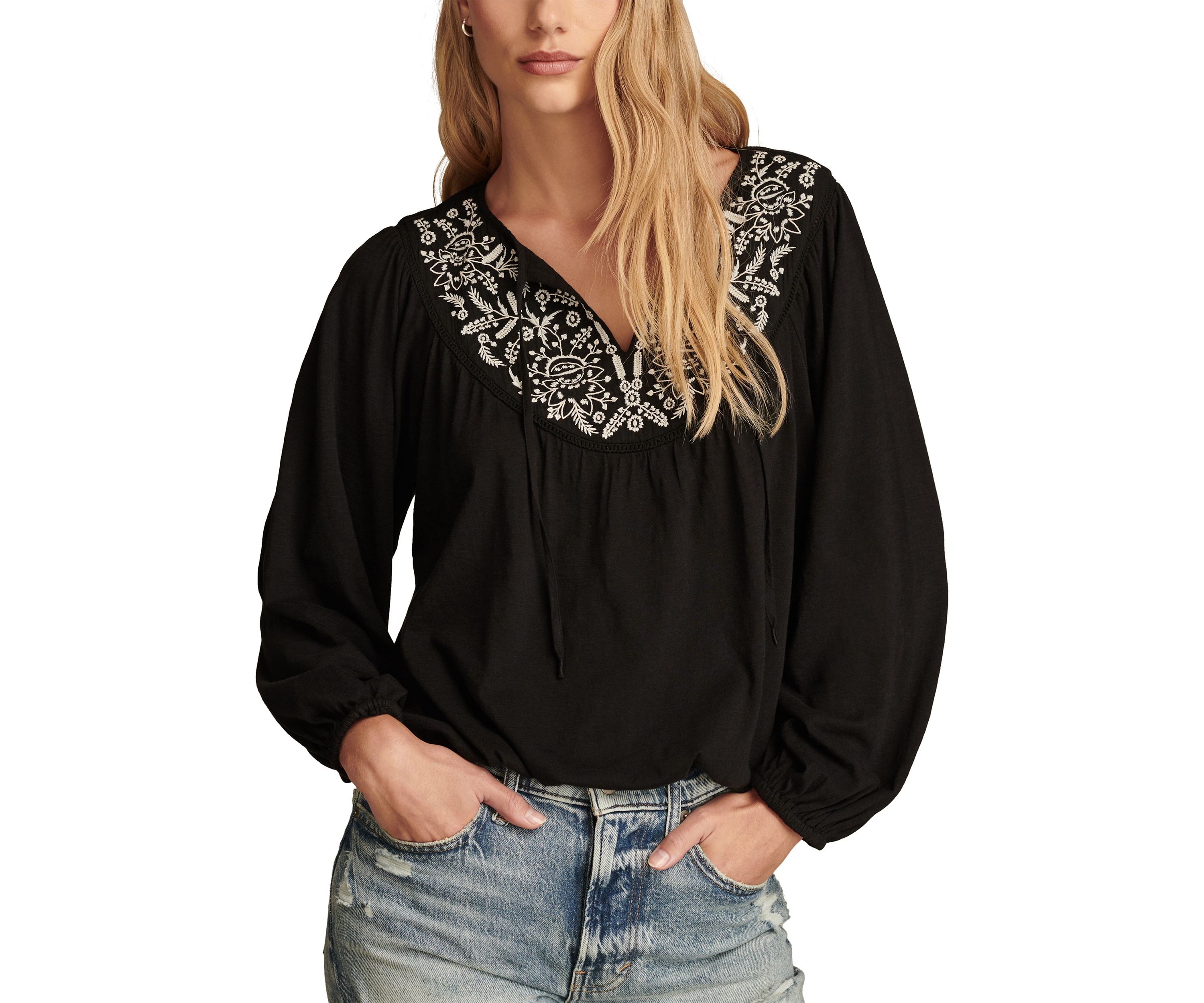 Womens Contrast Embroidered Peasant Top