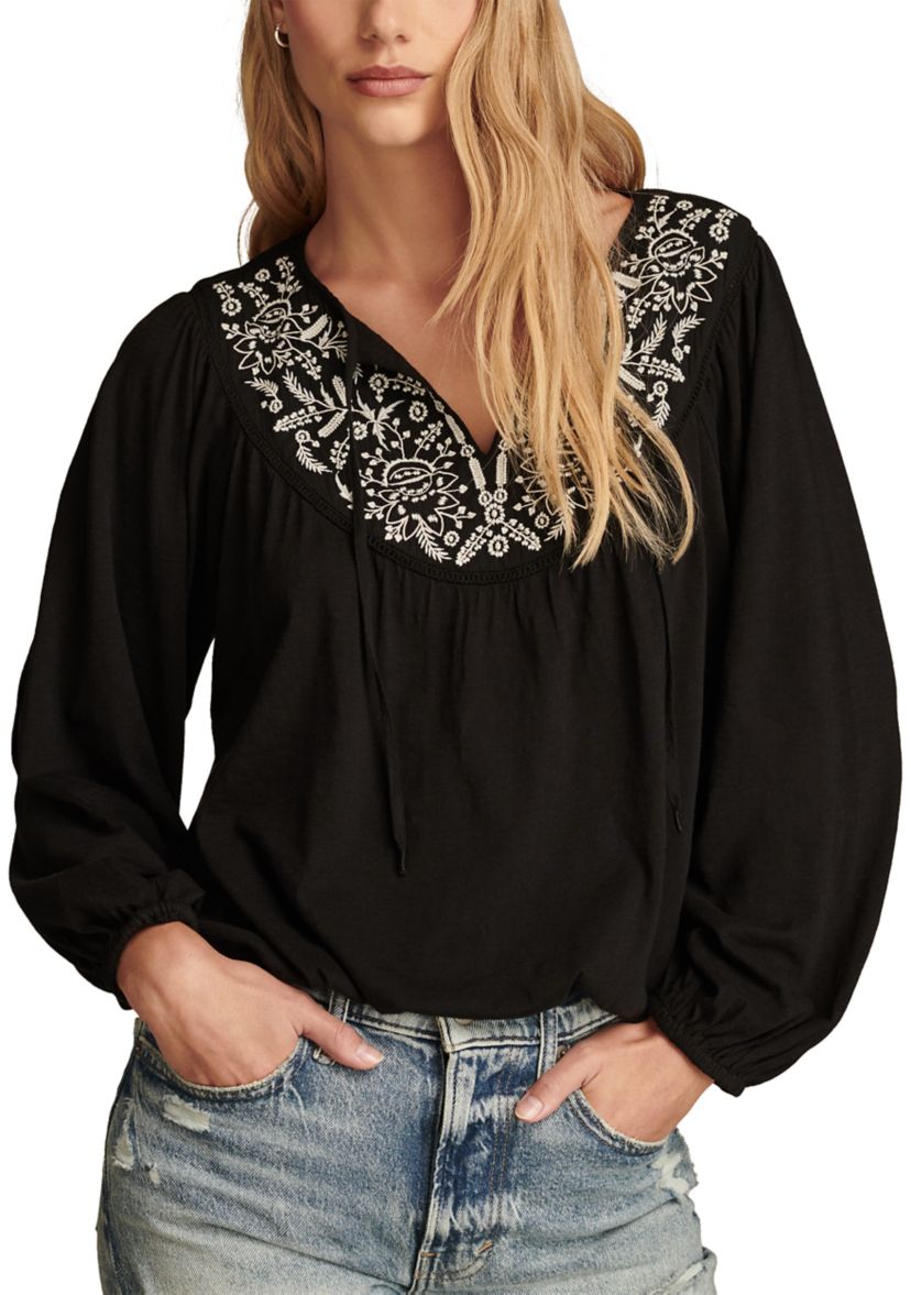 Womens Contrast Embroidered Peasant Top