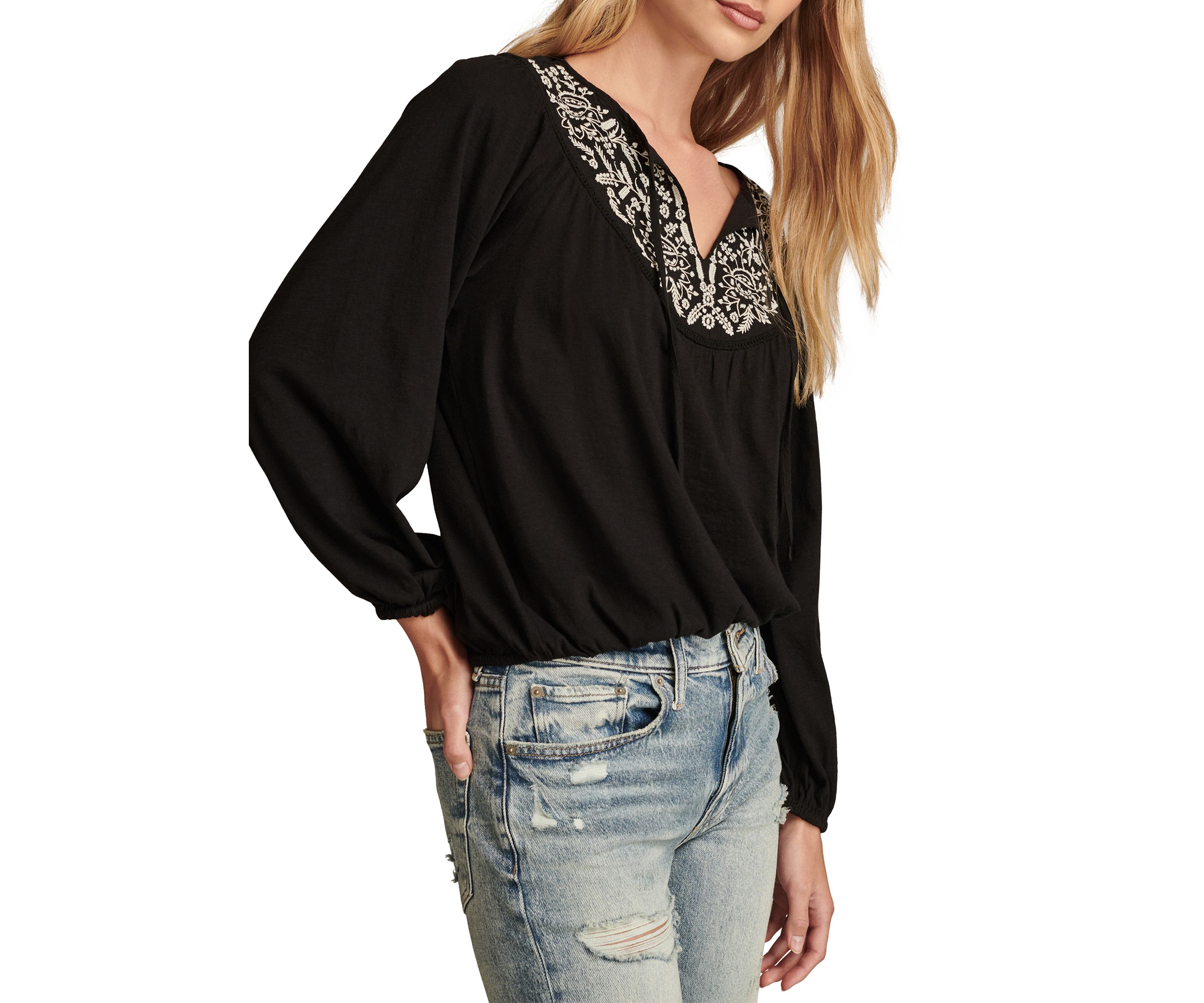 Womens Contrast Embroidered Peasant Top