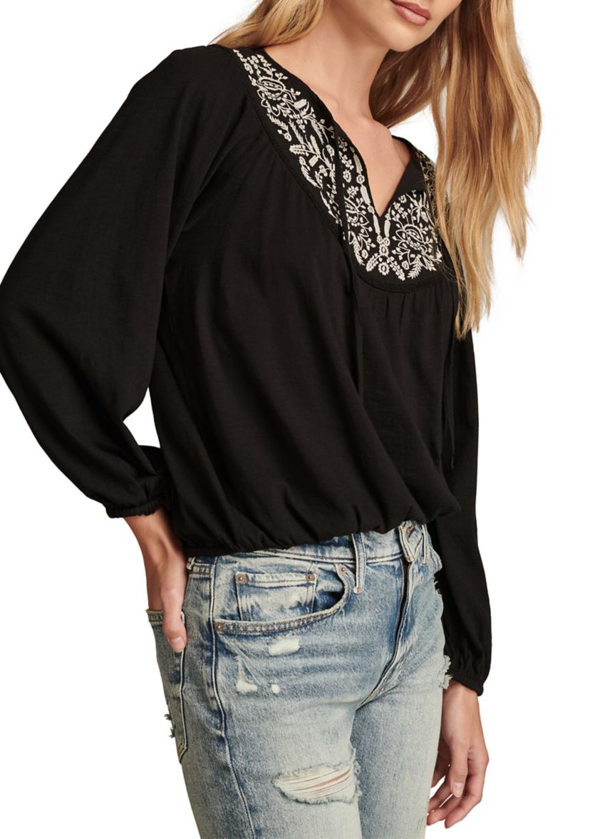 Womens Contrast Embroidered Peasant Top