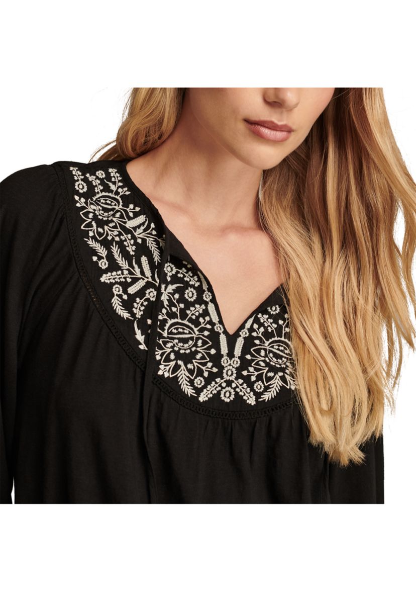 Womens Contrast Embroidered Peasant Top