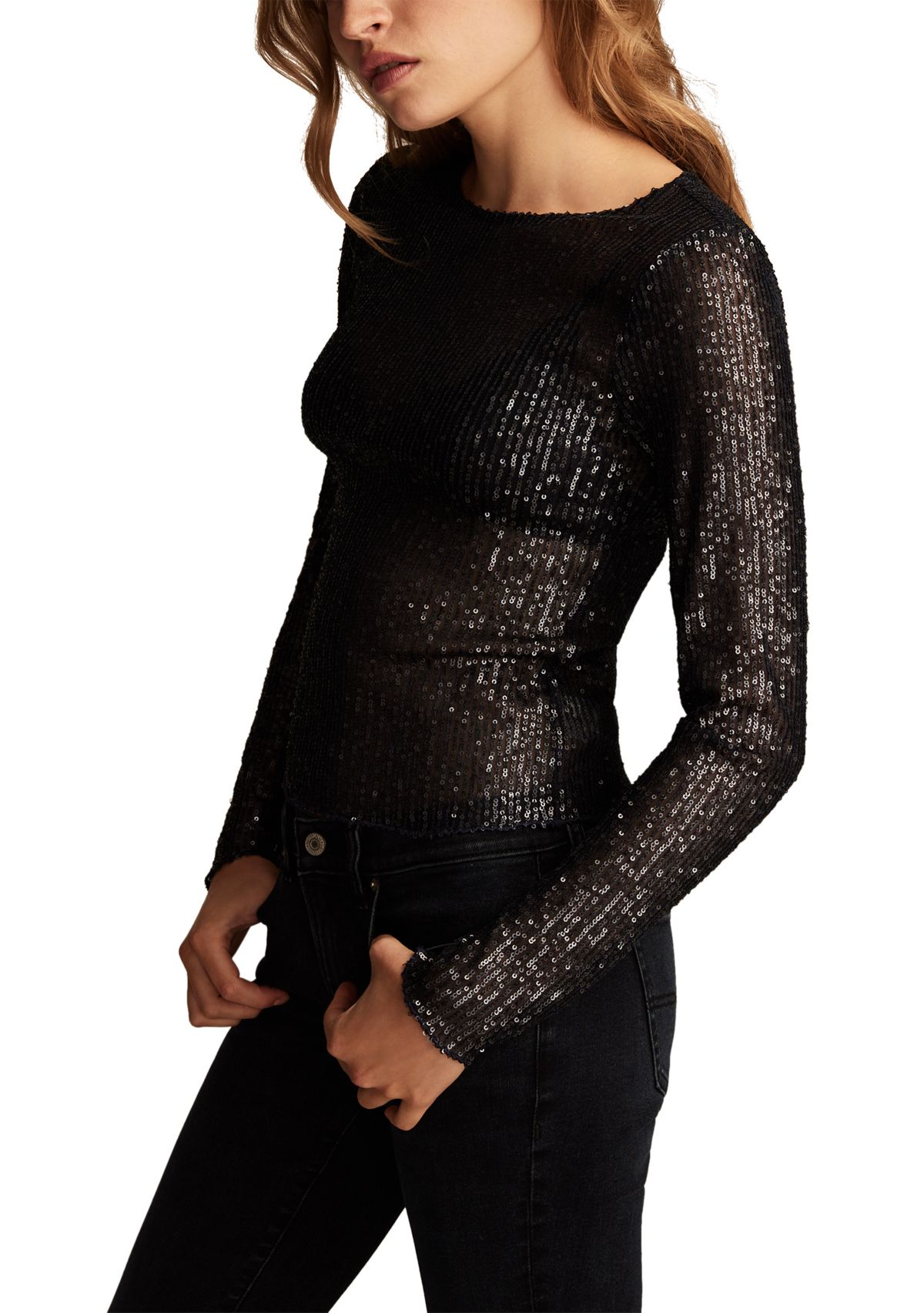Womens Long Sleeve Sequin Layering Top 