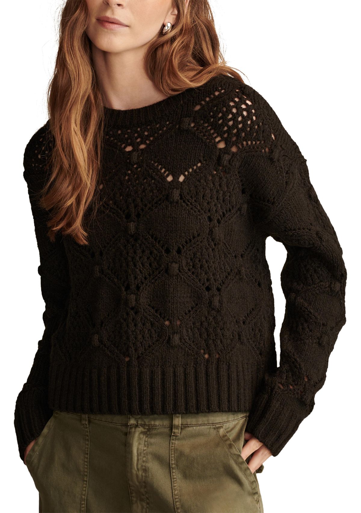 Bobble Pointelle Crew Neck Pullover Sweater