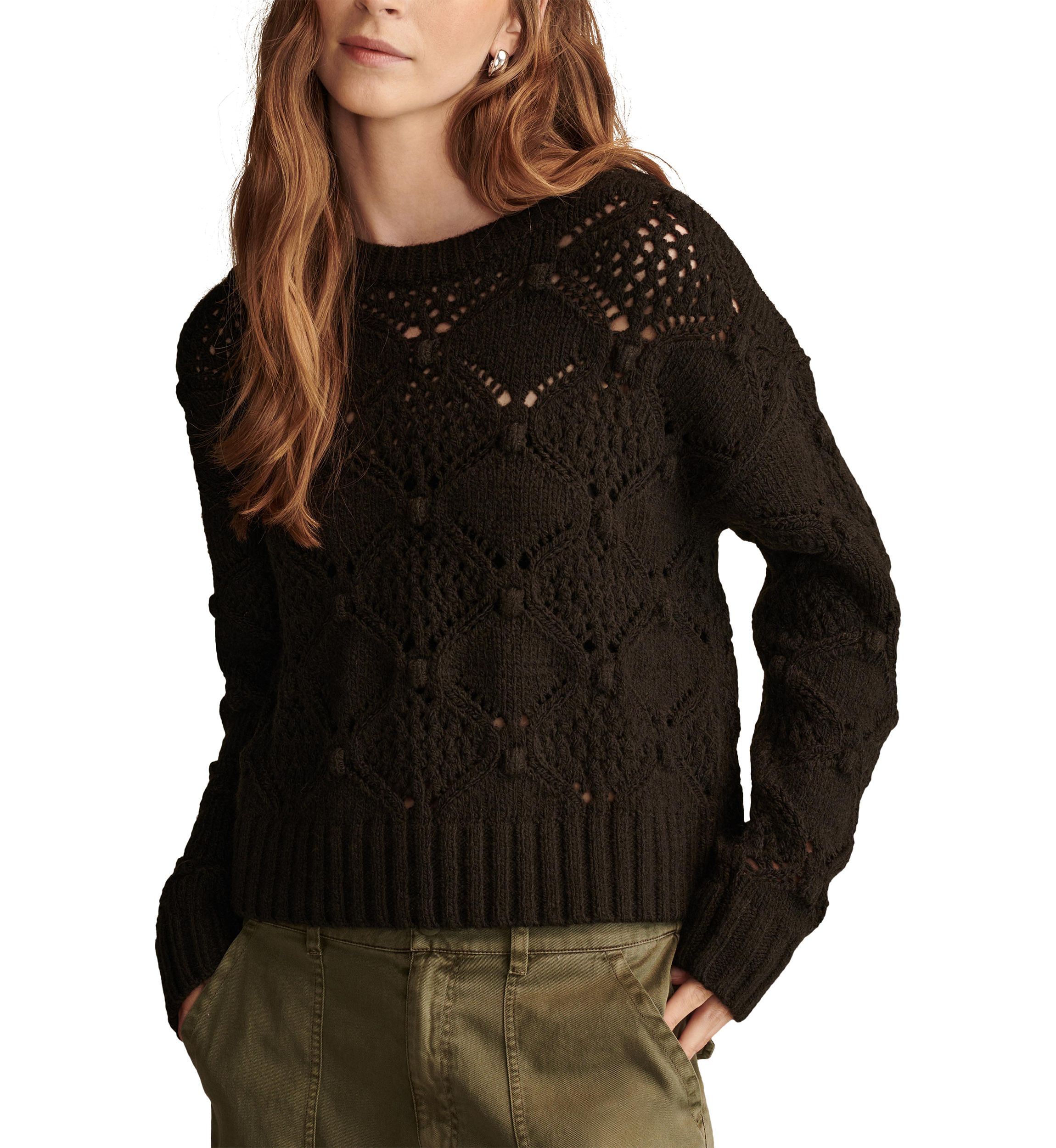 Bobble Pointelle Crew Neck Pullover Sweater