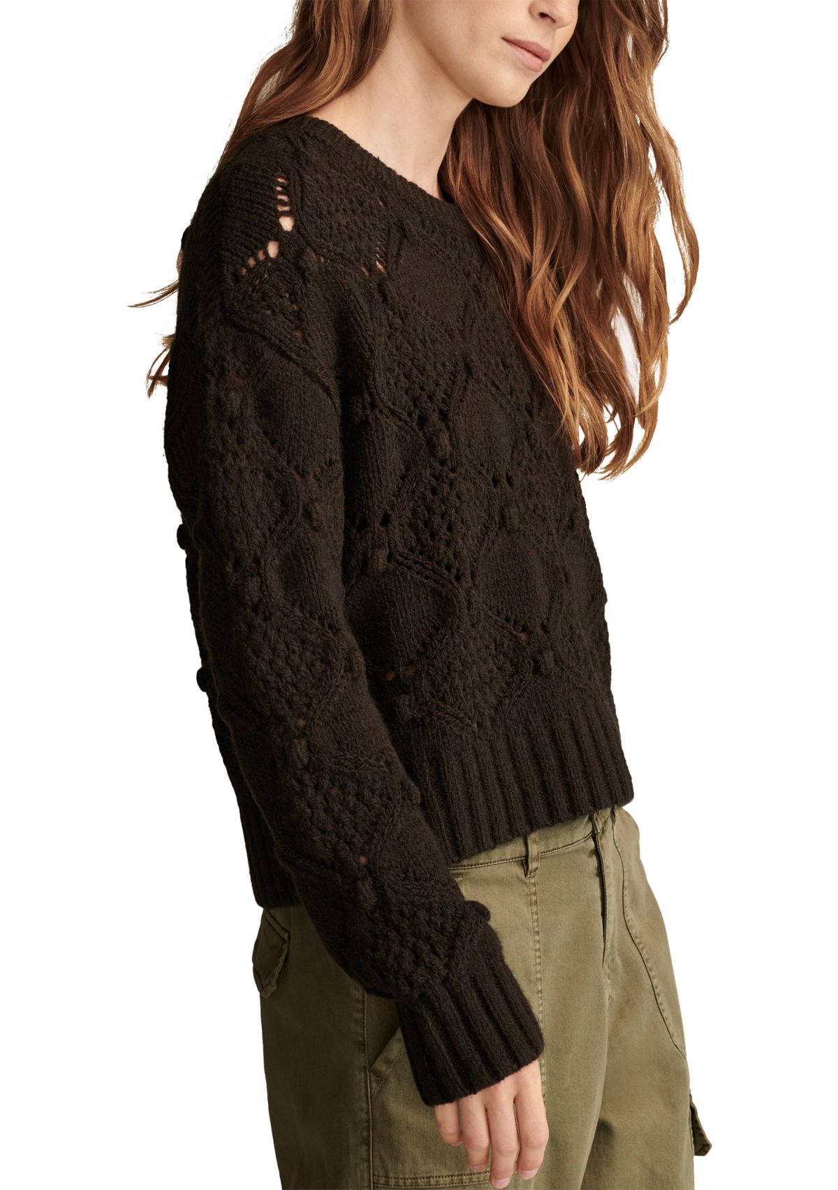 Bobble Pointelle Crew Neck Pullover Sweater