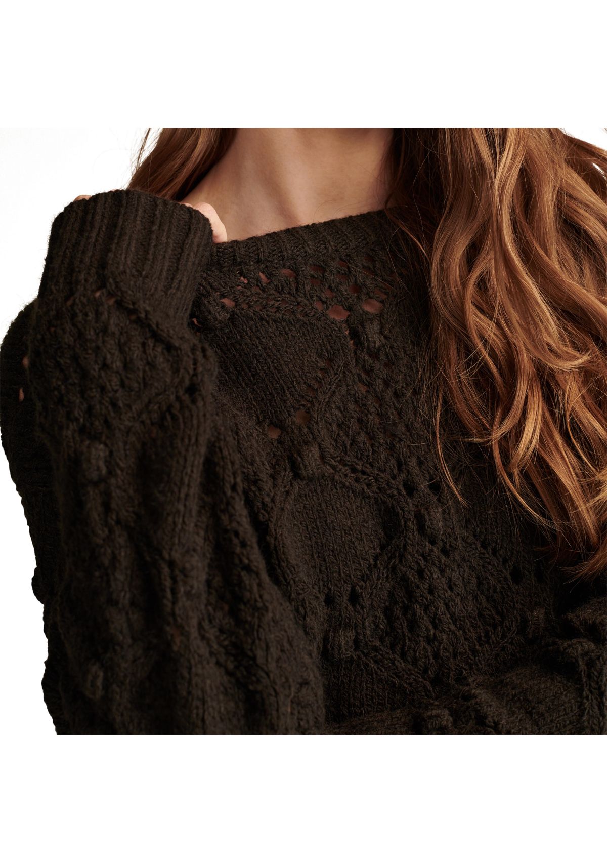 Bobble Pointelle Crew Neck Pullover Sweater