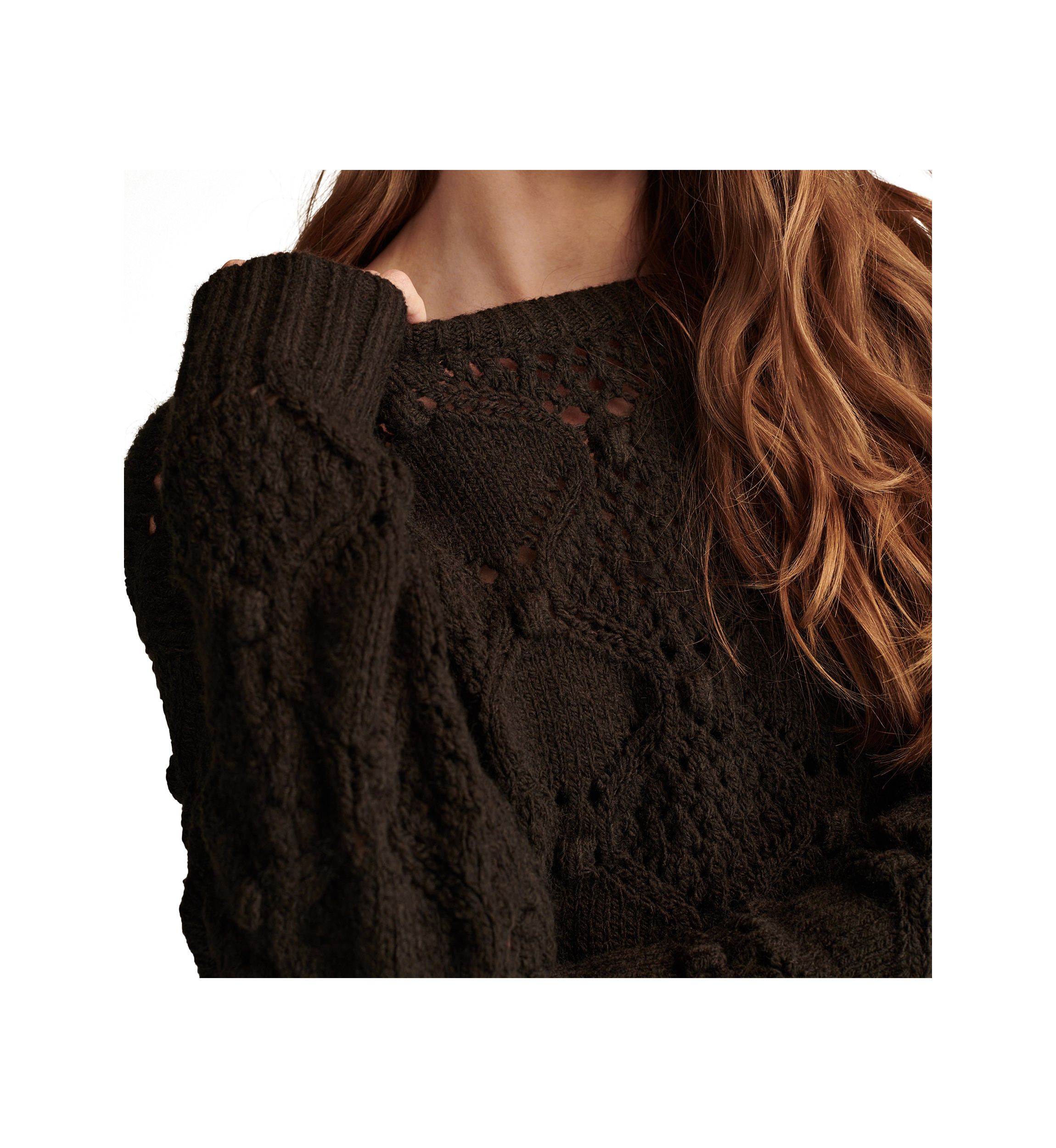 Bobble Pointelle Crew Neck Pullover Sweater