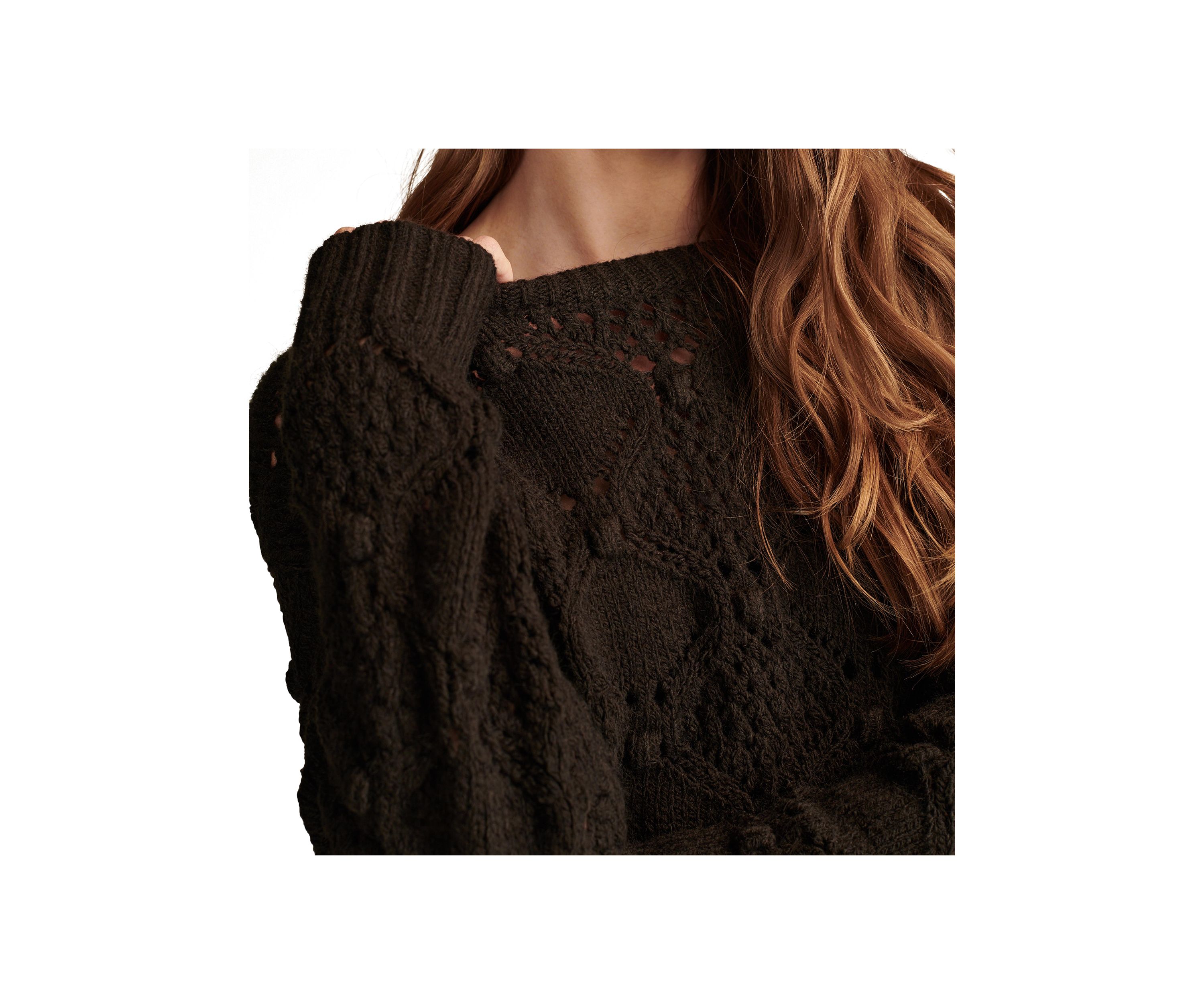 Bobble Pointelle Crew Neck Pullover Sweater