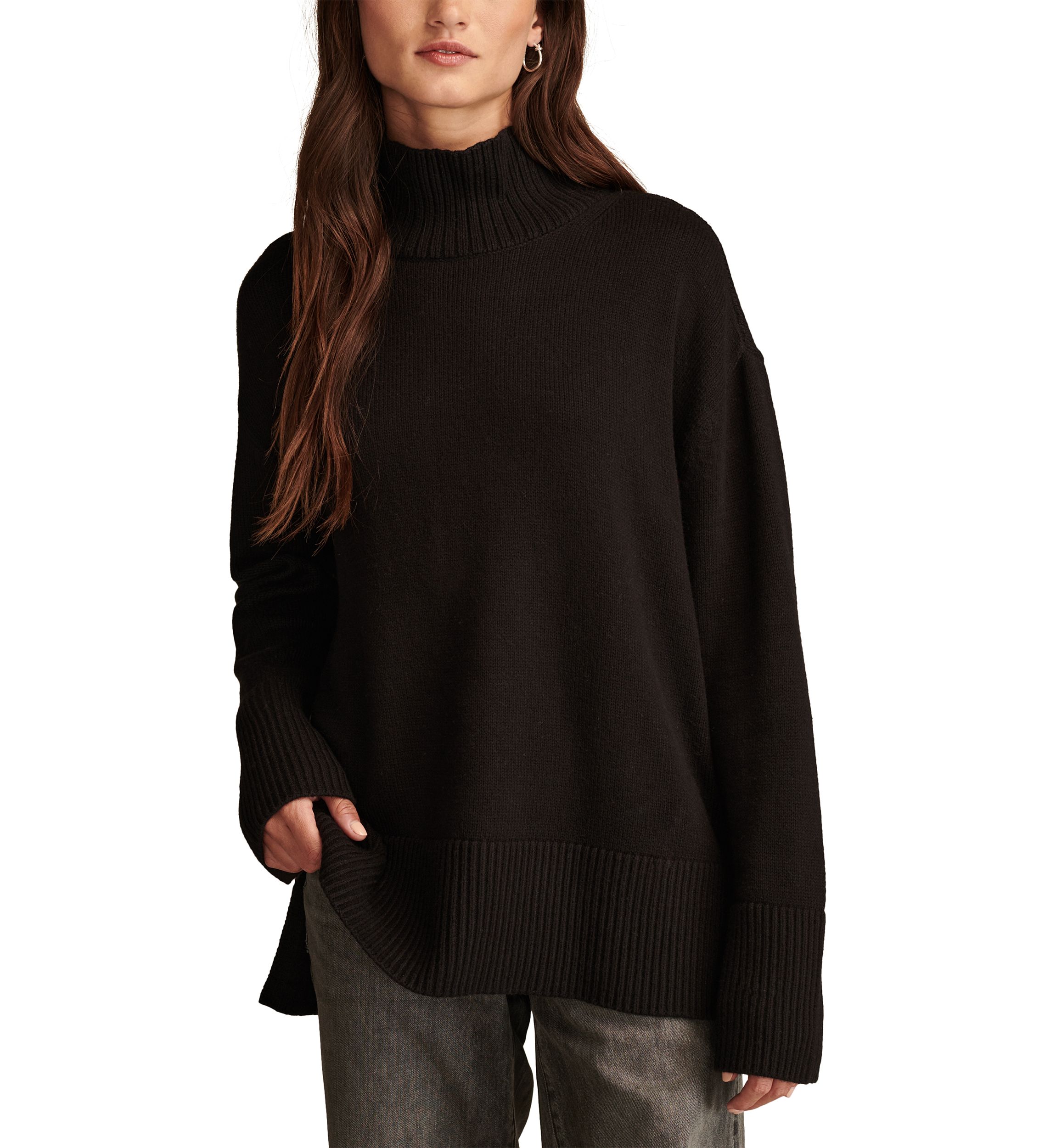 Side Slit Mock Neck Pullover Tunic Sweater