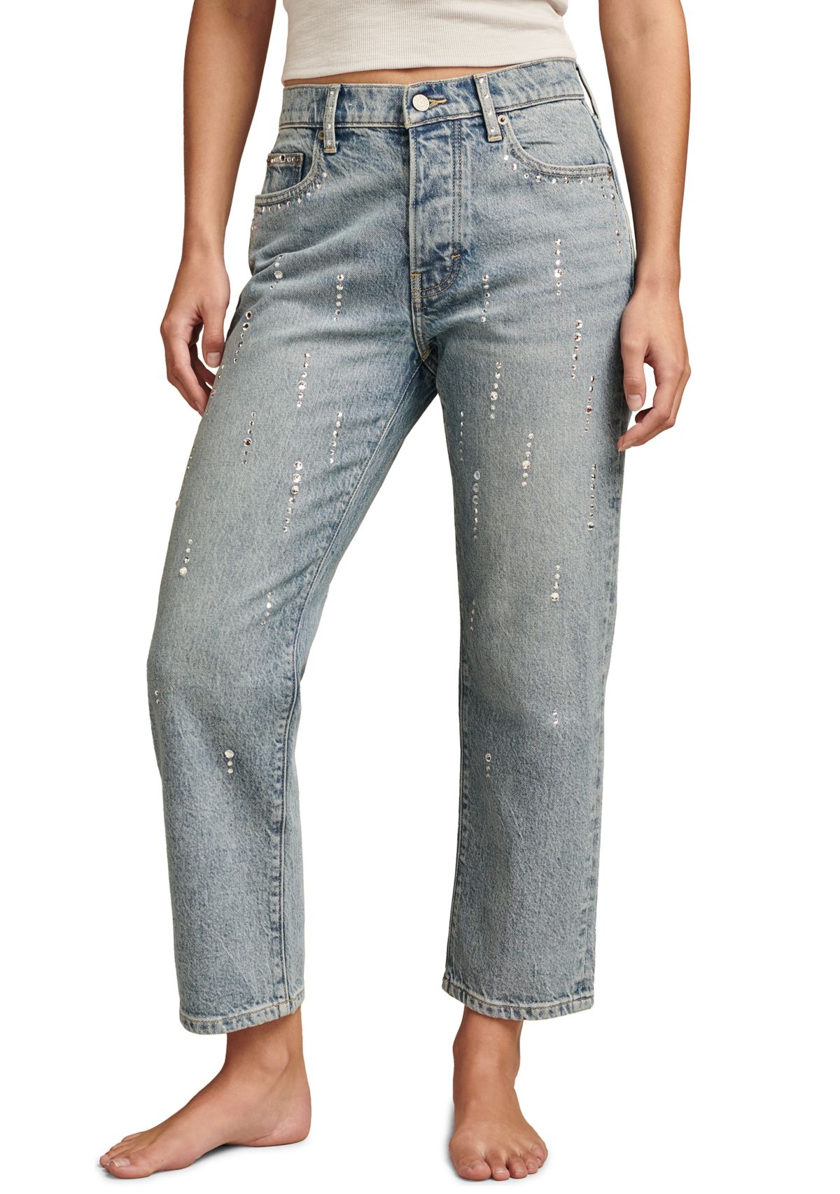 Womens Loose Fitting Cropped Rhinestone Jeans