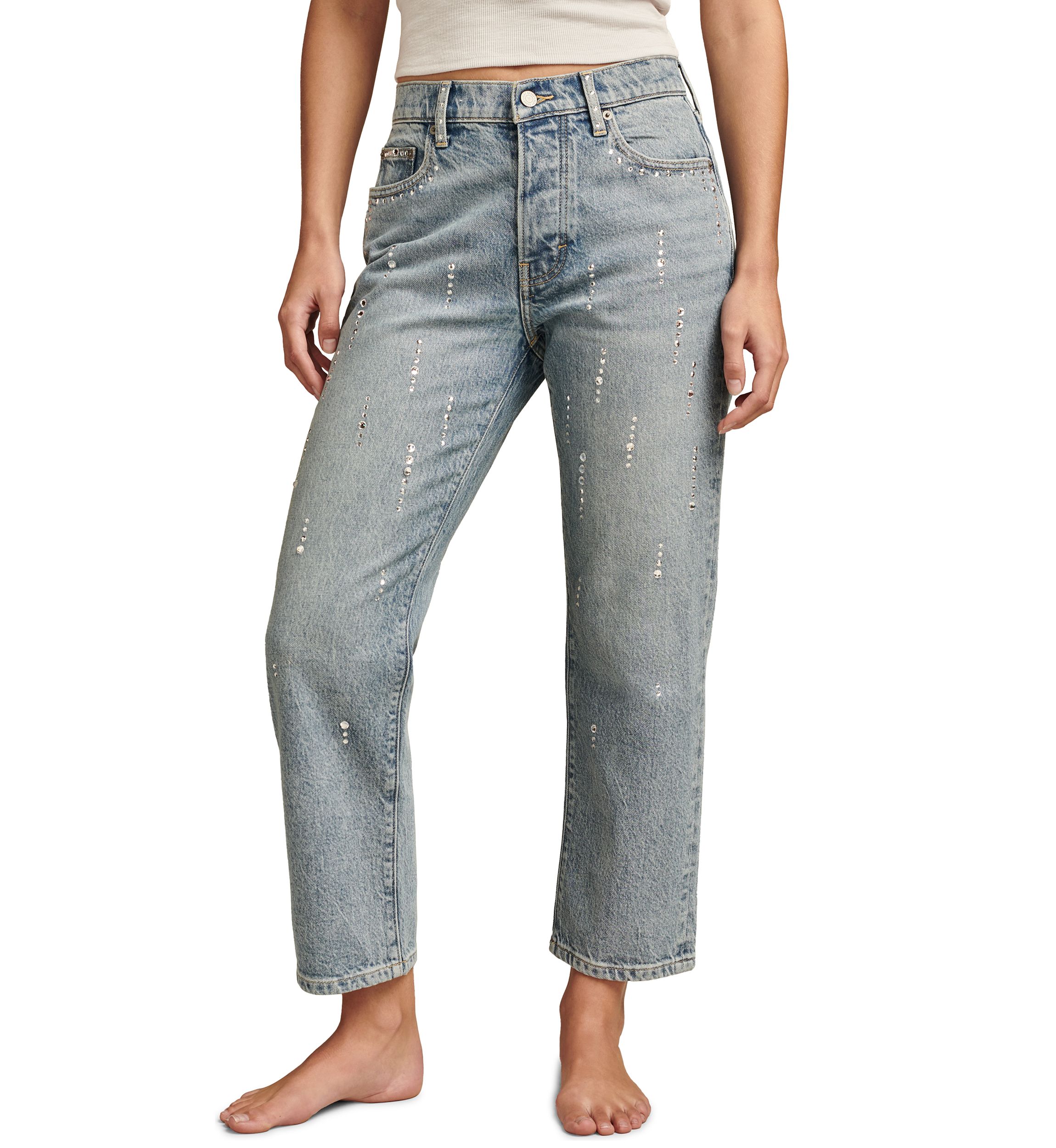 Womens Loose Fitting Cropped Rhinestone Jeans