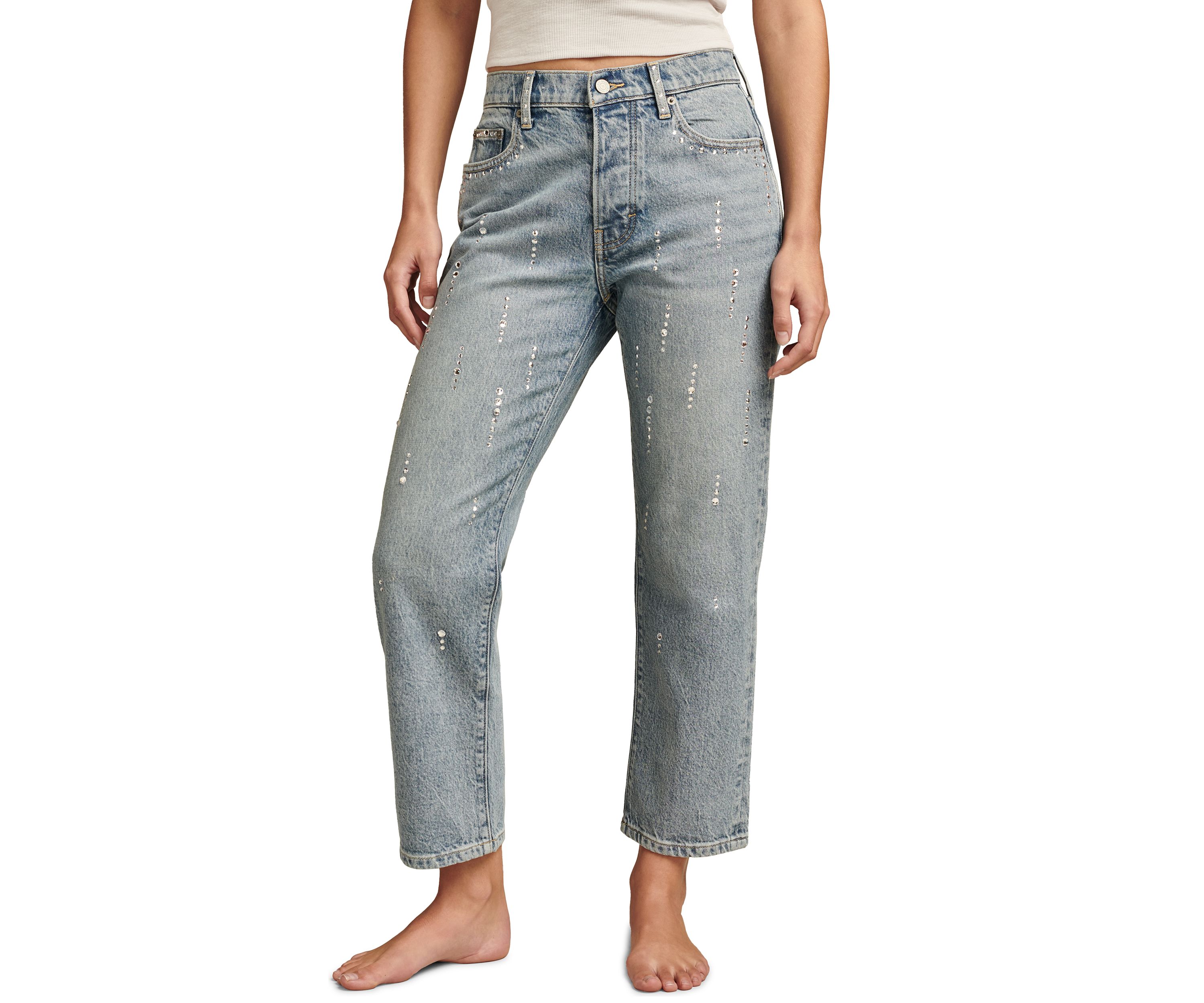 Womens Loose Fitting Cropped Rhinestone Jeans