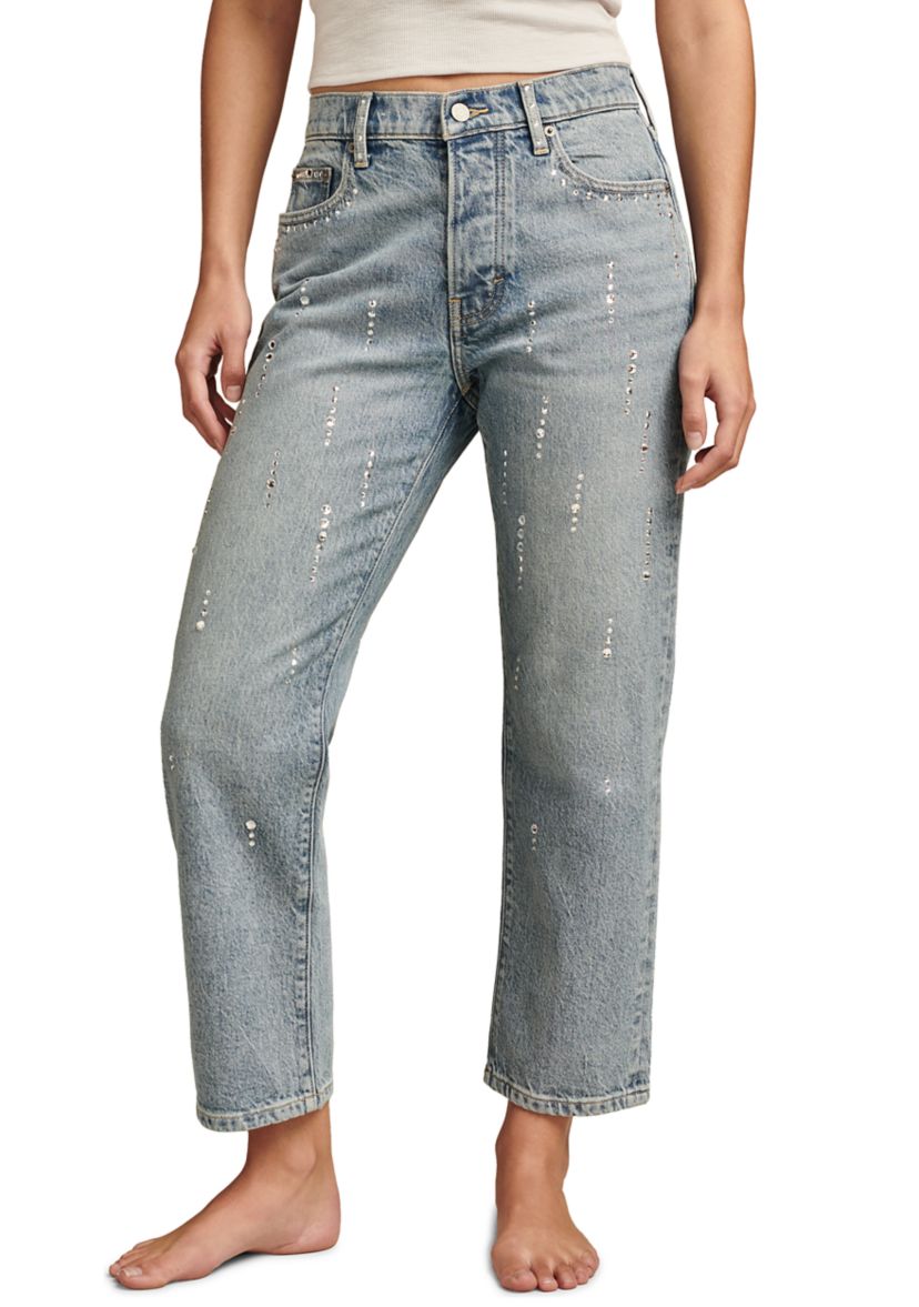 Womens Loose Fitting Cropped Rhinestone Jeans