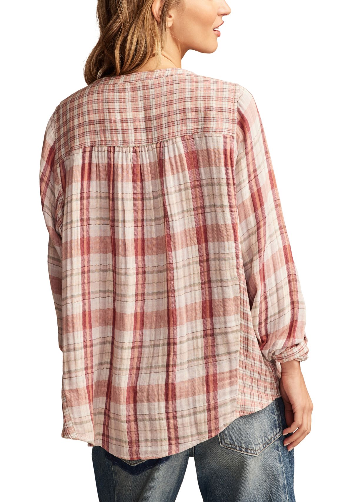 Womens Plaid Mix Button Down Shirt 