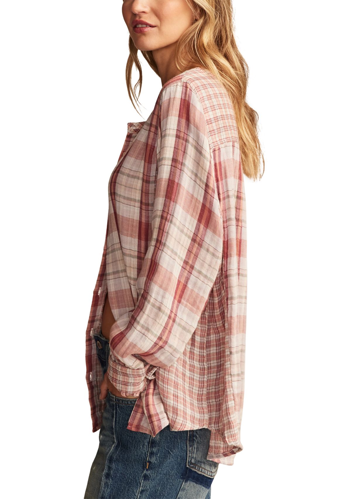Womens Plaid Mix Button Down Shirt 