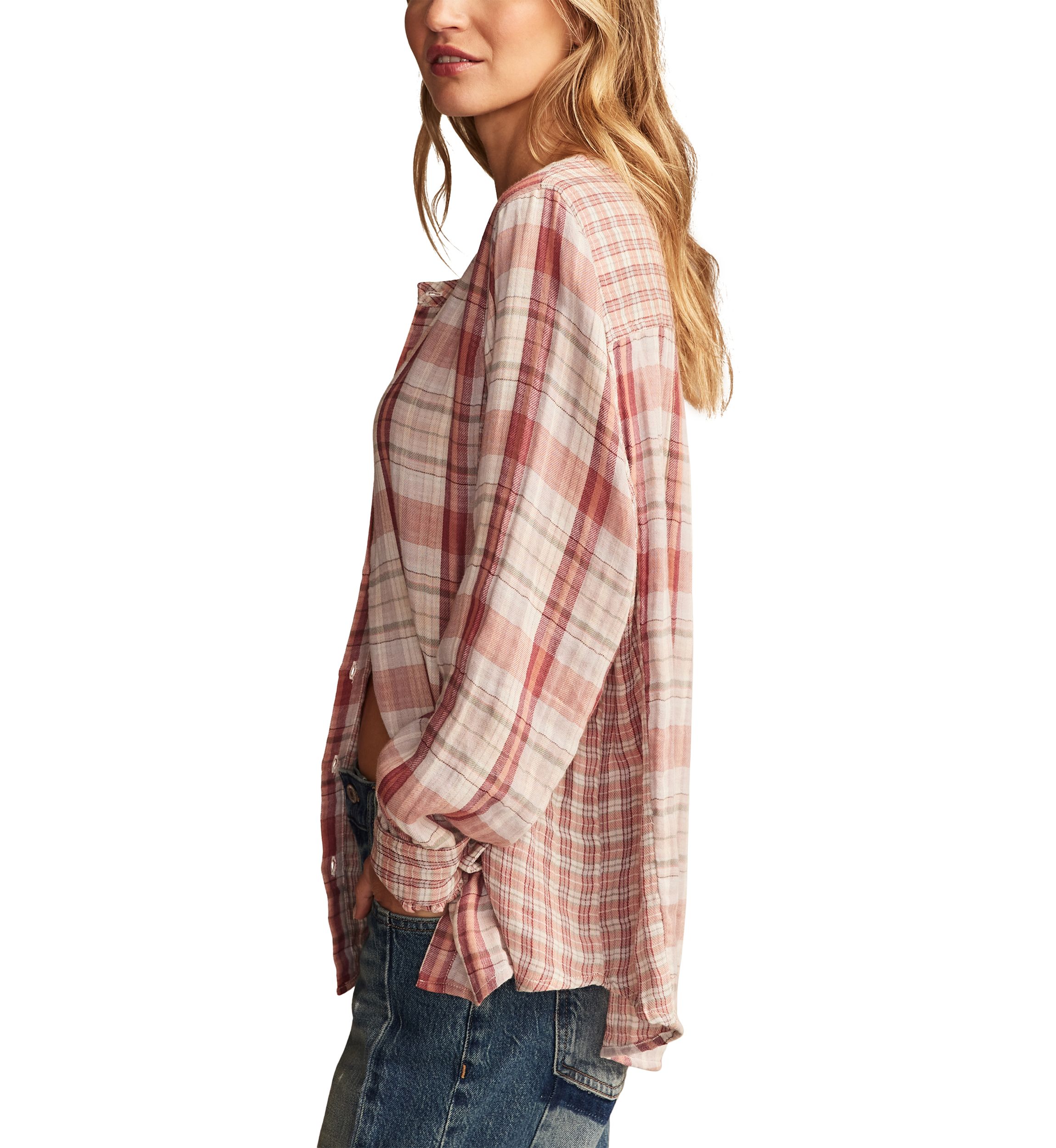 Womens Plaid Mix Button Down Shirt 