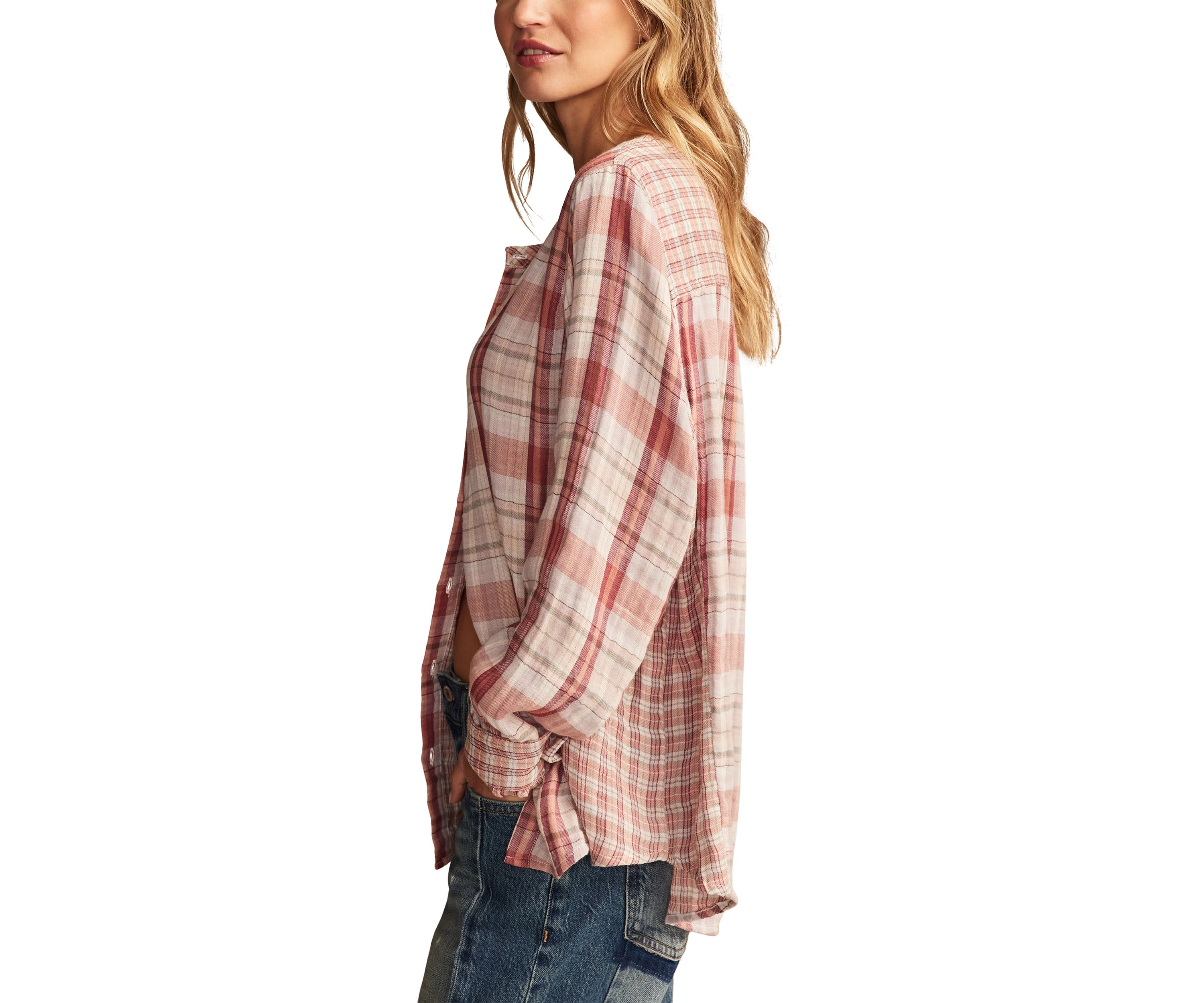 Womens Plaid Mix Button Down Shirt 