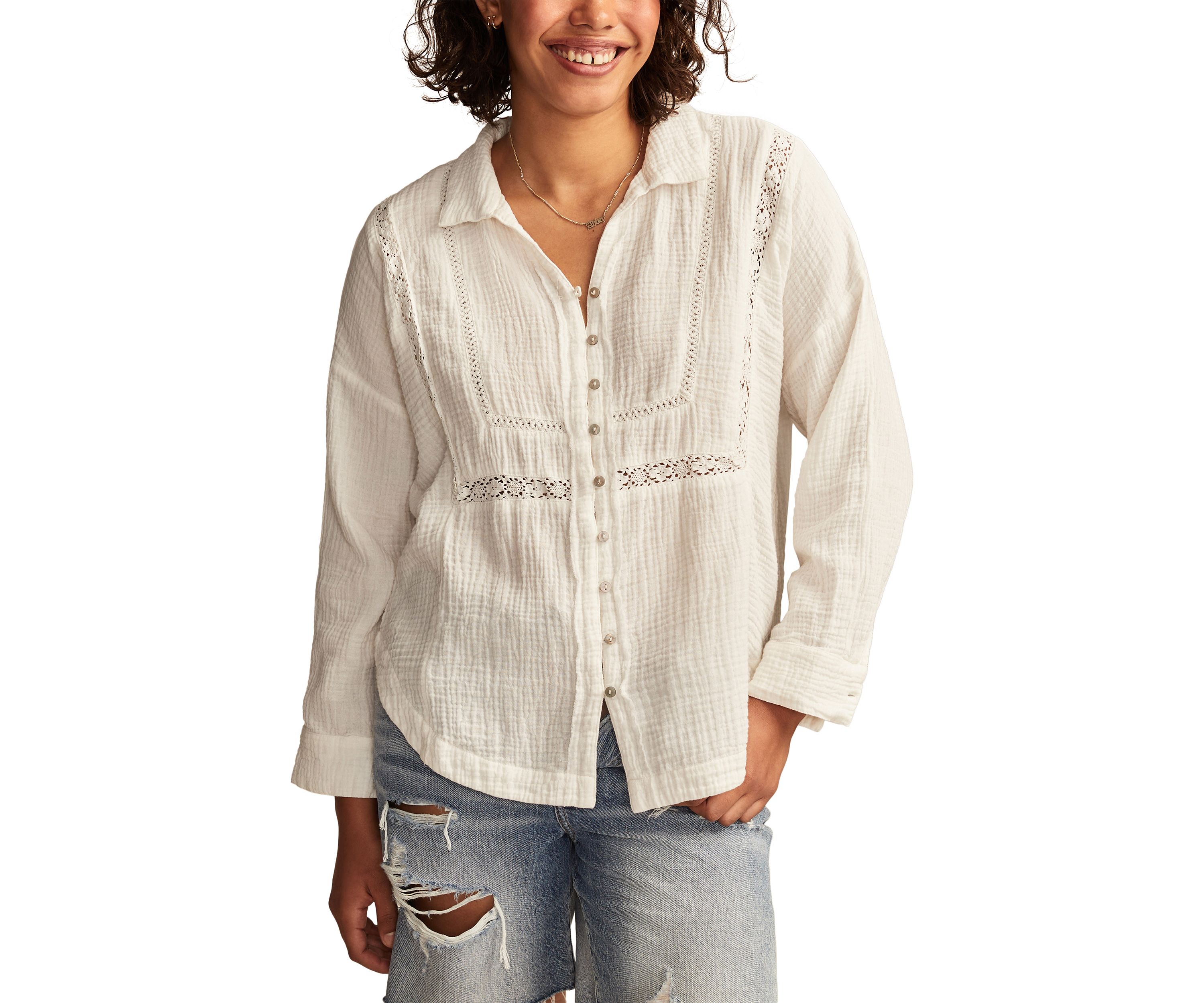 Womens Lace Trim Gauze Shirt 