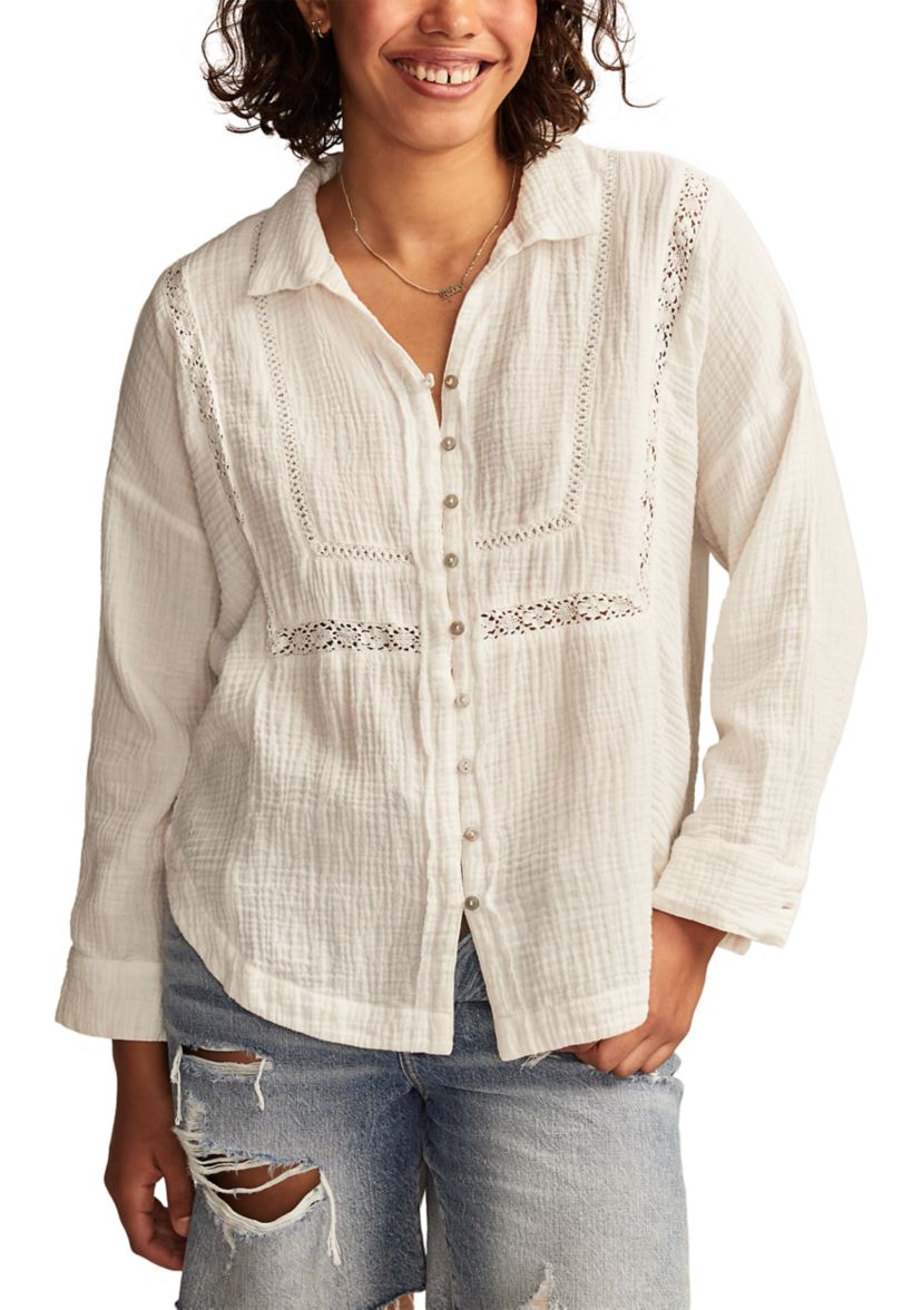 Womens Lace Trim Gauze Shirt 