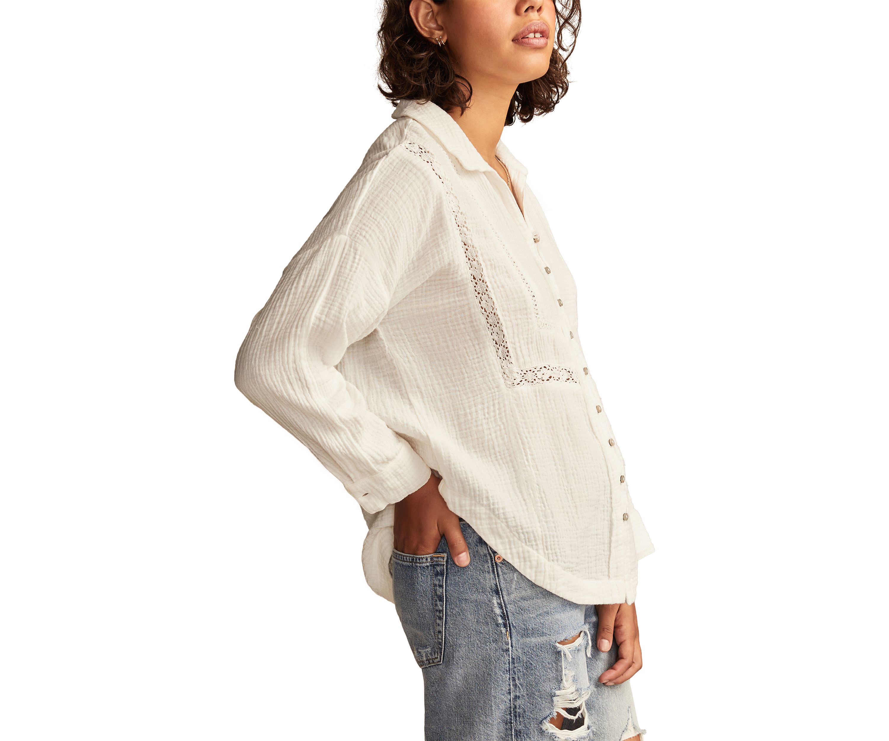 Womens Lace Trim Gauze Shirt 