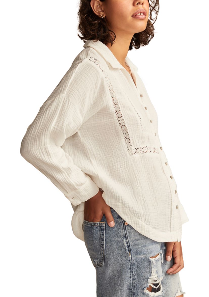 Womens Lace Trim Gauze Shirt 