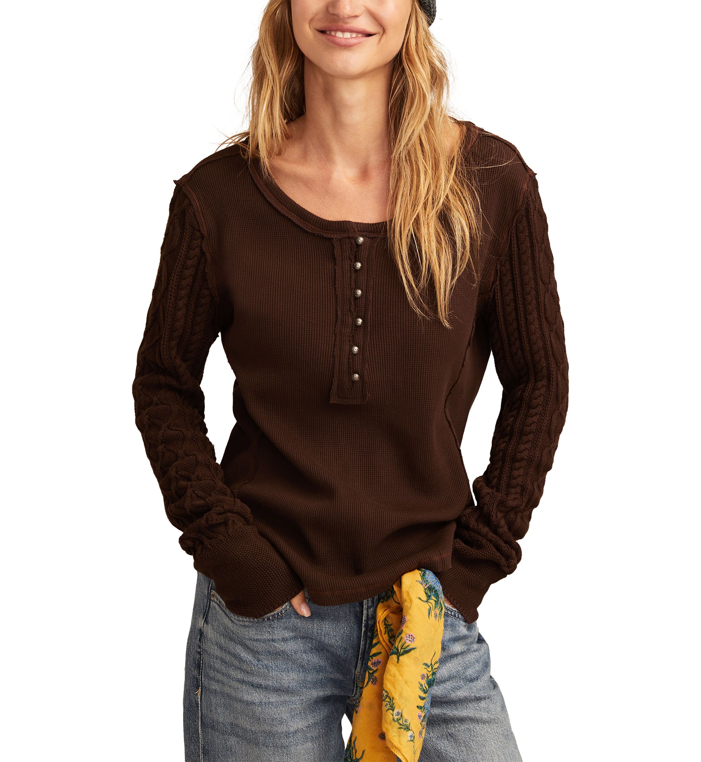 Womens Textured Mixed Sleeve Henley Shirt 