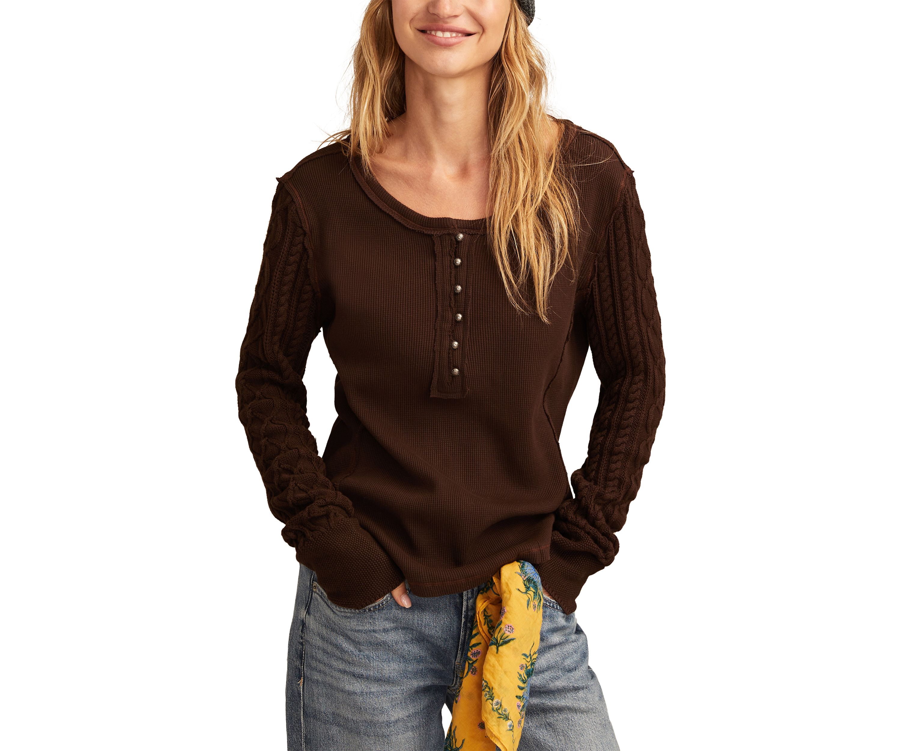 Womens Textured Mixed Sleeve Henley Shirt 