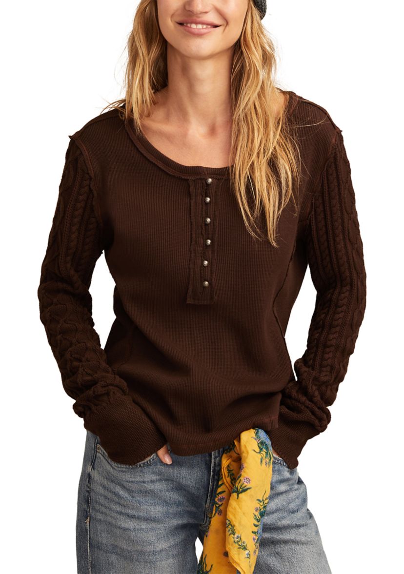 Womens Textured Mixed Sleeve Henley Shirt 