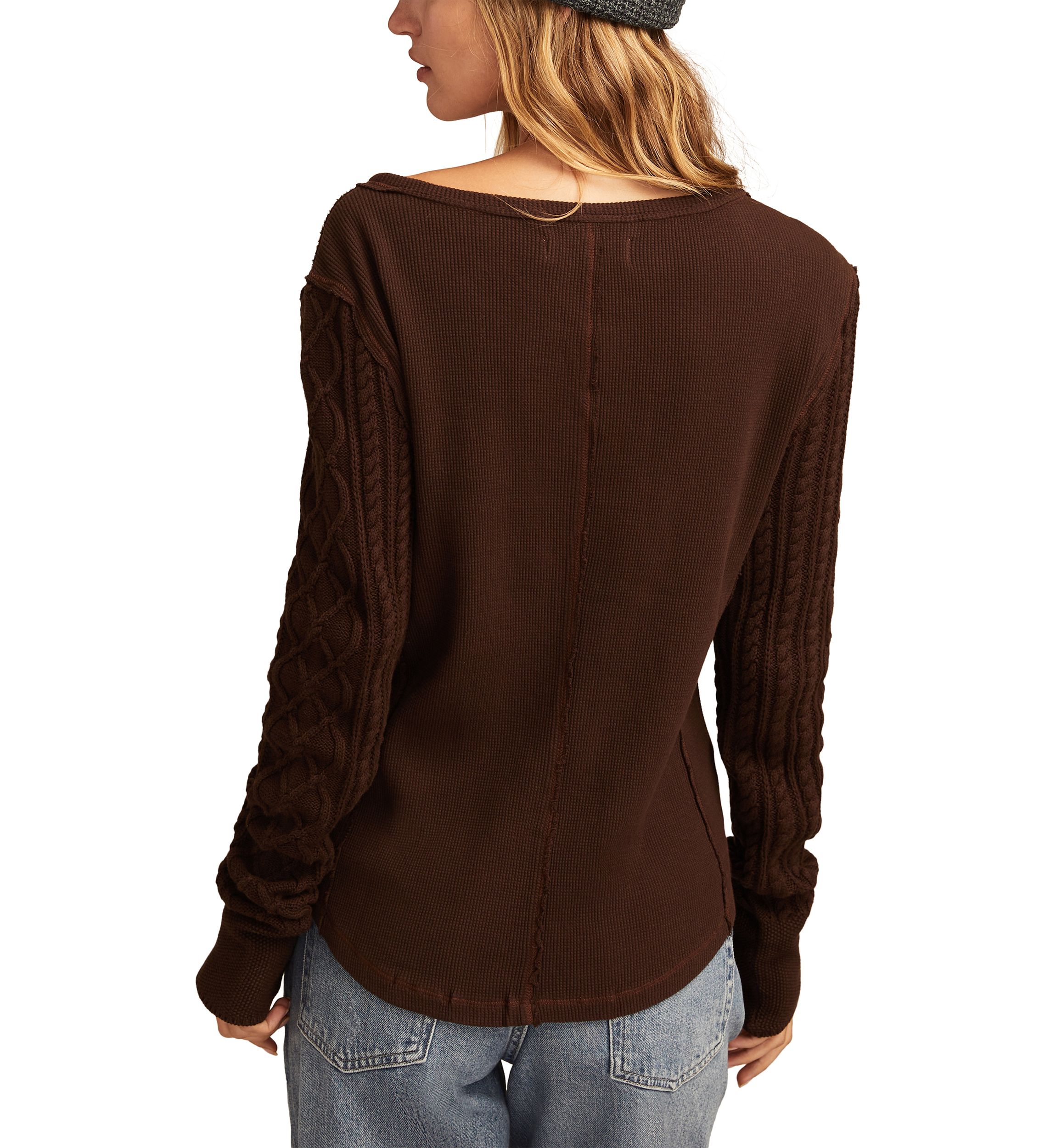 Womens Textured Mixed Sleeve Henley Shirt 