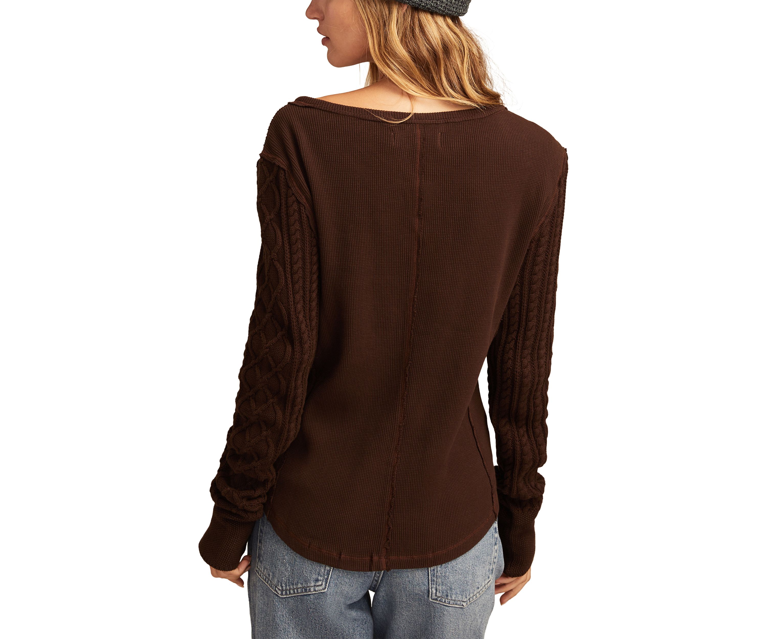 Womens Textured Mixed Sleeve Henley Shirt 