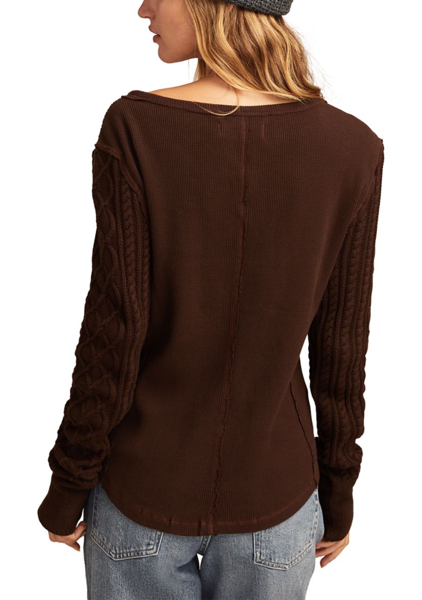 Womens Textured Mixed Sleeve Henley Shirt 