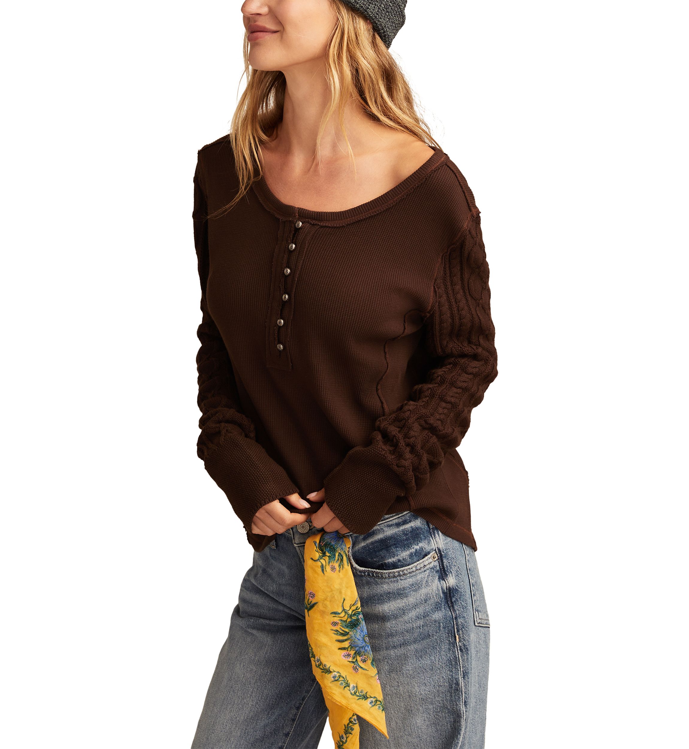 Womens Textured Mixed Sleeve Henley Shirt 